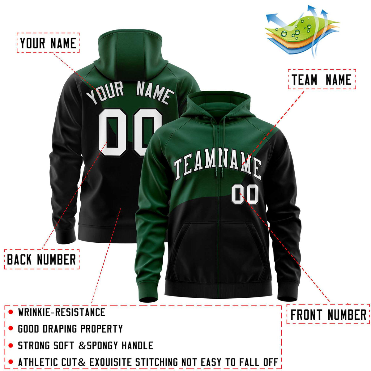 Custom Kelly Green Black Color Block Varsity Full-Zip Letterman Wave Hoodie Jacket