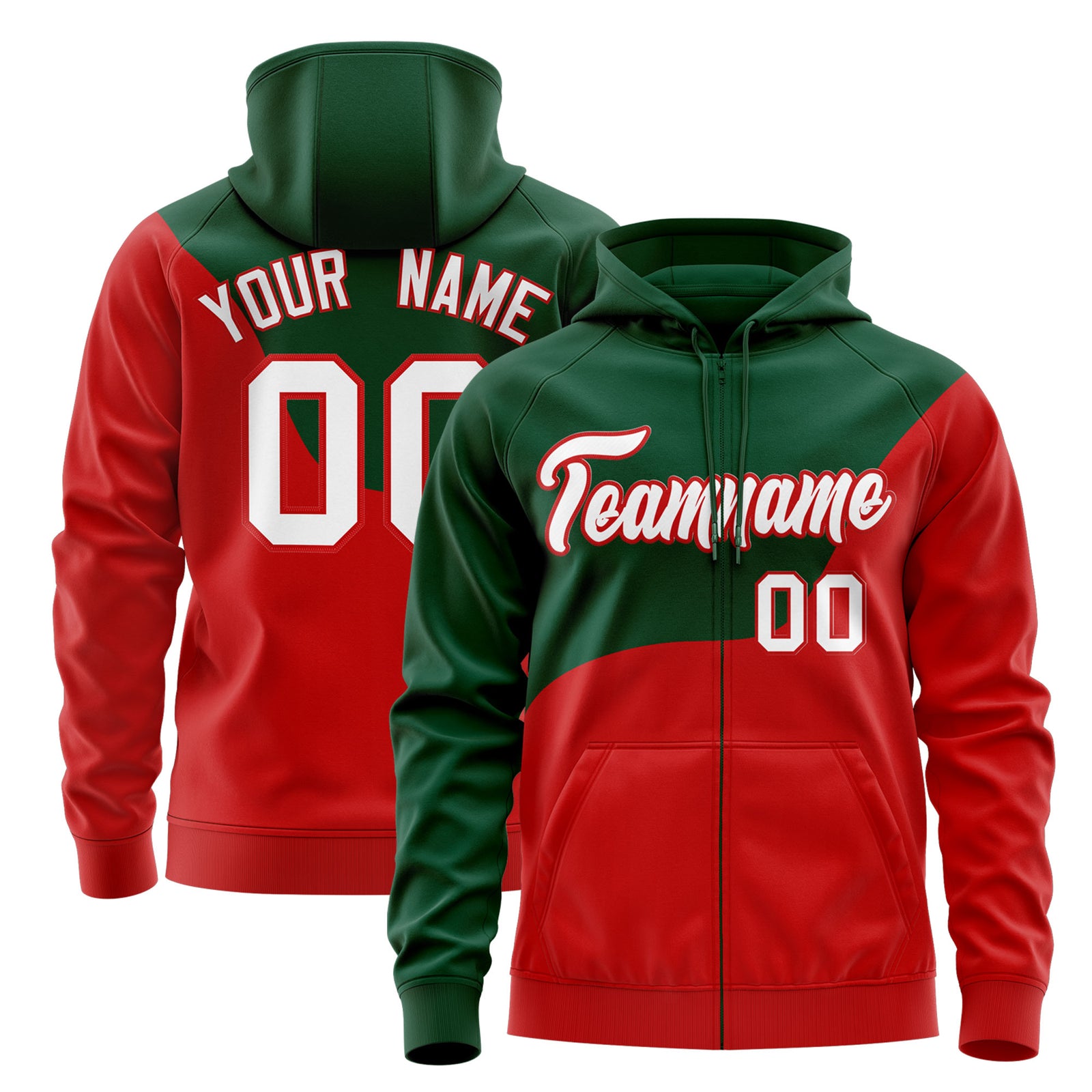 Custom Kelly Green Red Color Block Wave Boundary Full-Zip Hoodie