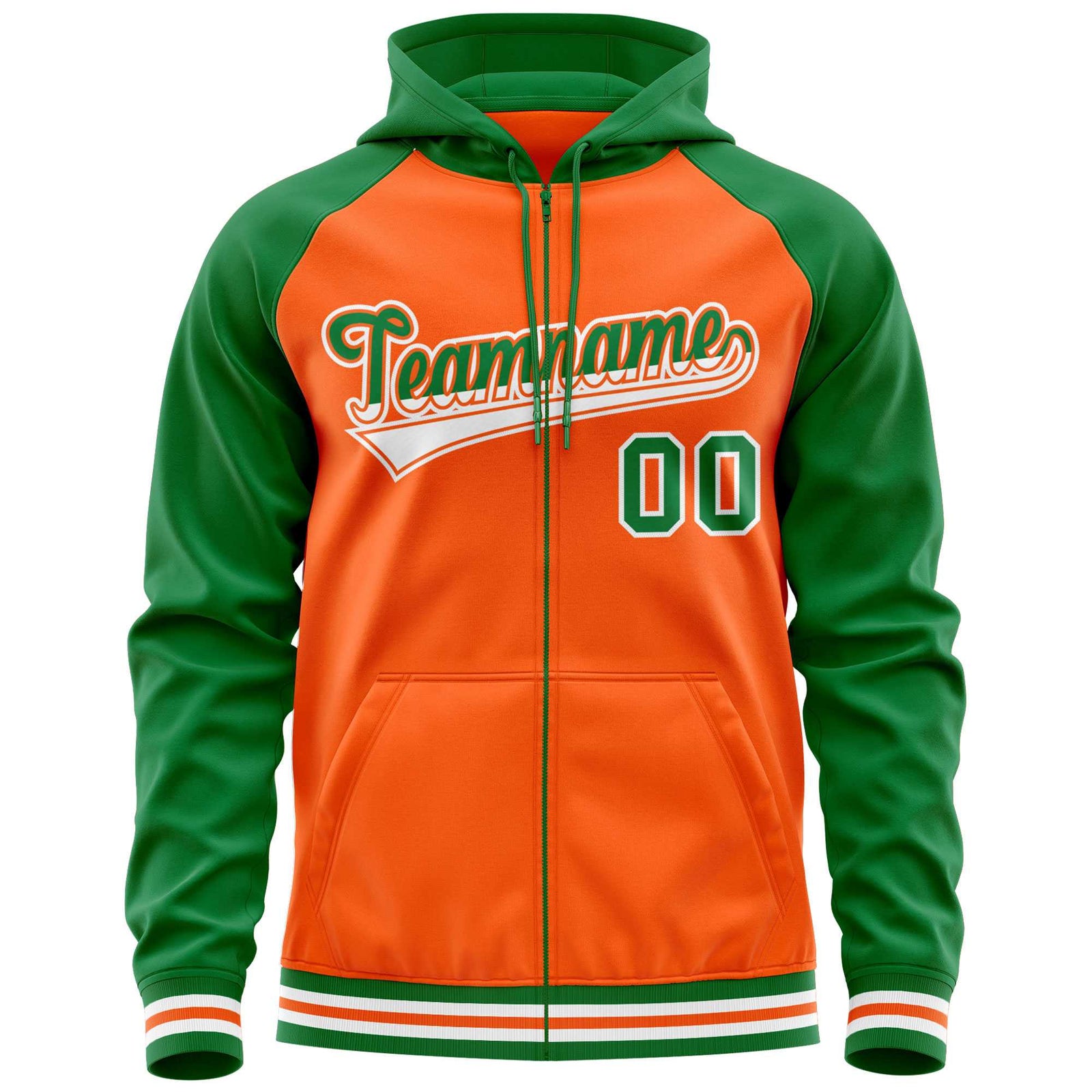 Custom Stitched Orange Kelly Green Raglan Sleeves Sports Full-Zip Sweatshirt Hoodie