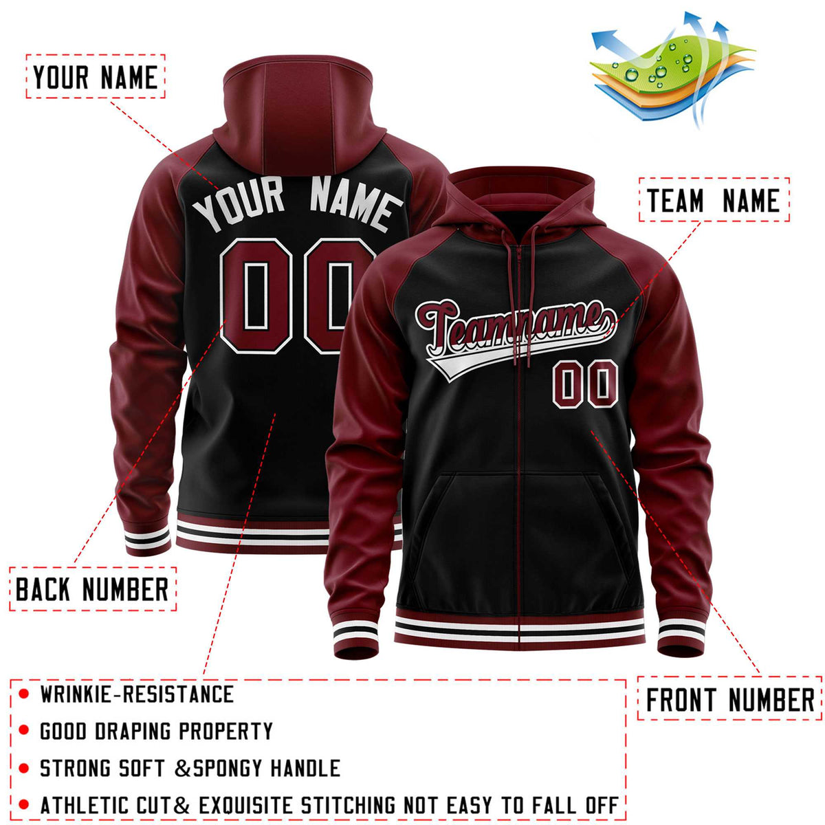 Custom Stitched Black Crimson Raglan Sleeves Sports Full-Zip Sweatshirt Hoodie