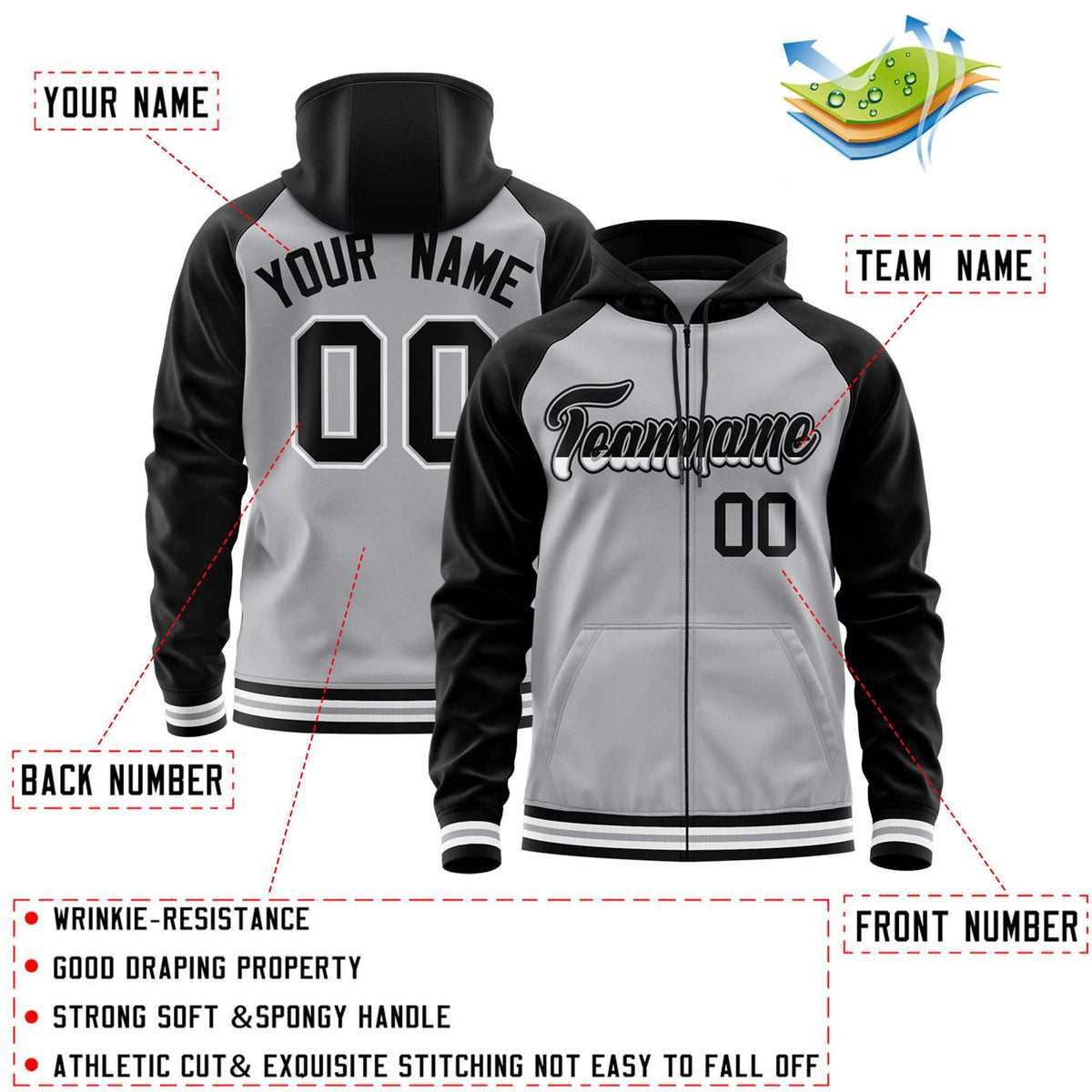 Custom Stitched Gray Black Raglan Sleeves Sports Full-Zip Sweatshirt Hoodie