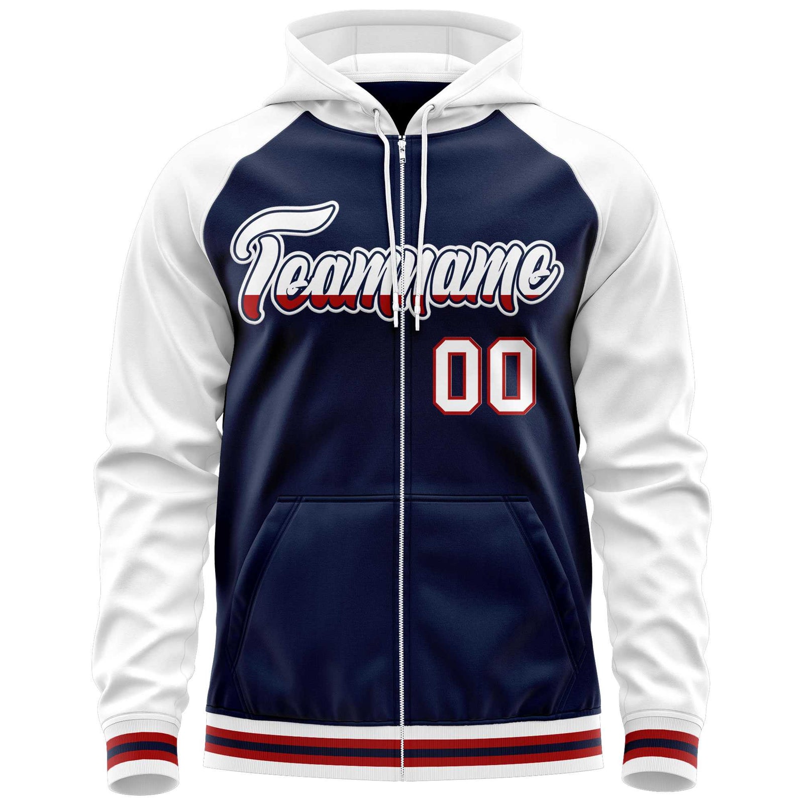 Custom Stitched Navy White Raglan Sleeves Sports Full-Zip Sweatshirt Hoodie