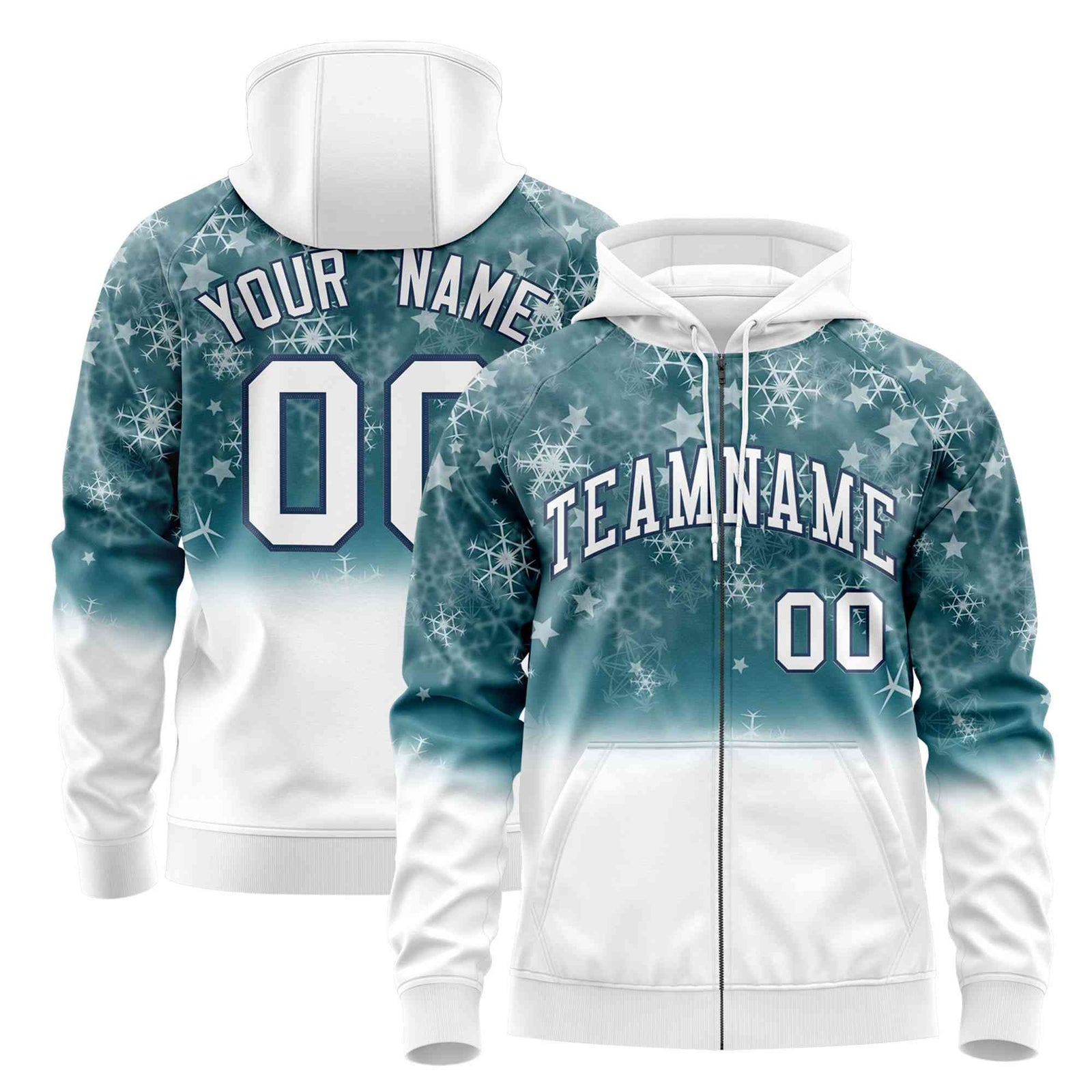 Custom White Midnight Blue Christmas Graffiti Pattern Athletic Full-Zip Hoodie