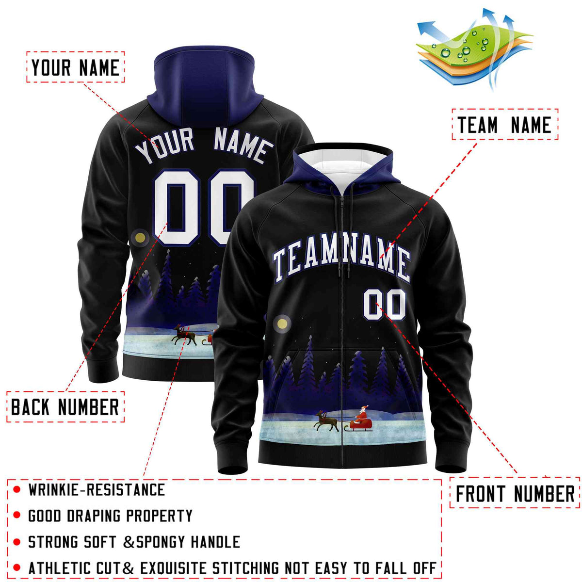 Custom Black Dark Blue Christmas Graffiti Pattern Athletic Full-Zip Hoodie