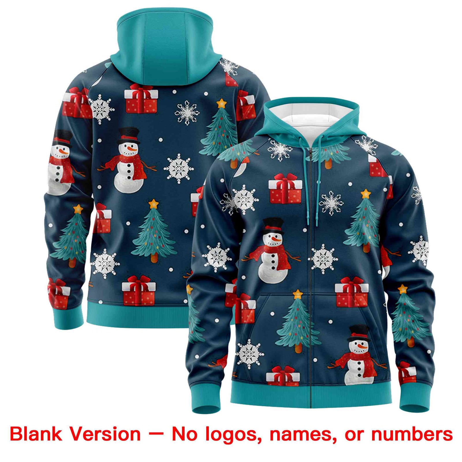 Custom Midnight Blue Aqua Christmas Graffiti Pattern Athletic Full-Zip Hoodie