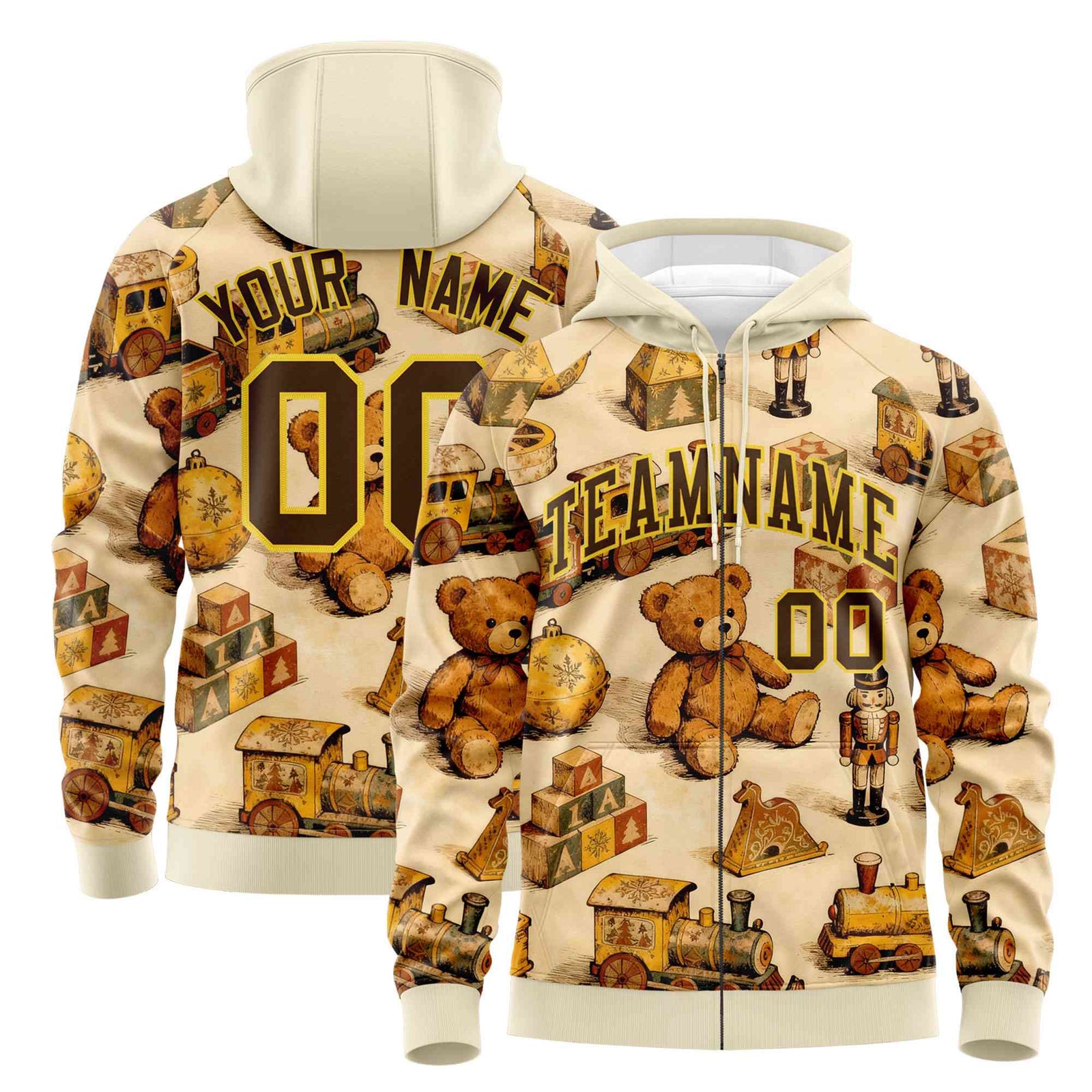Custom Cream Light Brown Christmas Graffiti Pattern Athletic Full-Zip Hoodie
