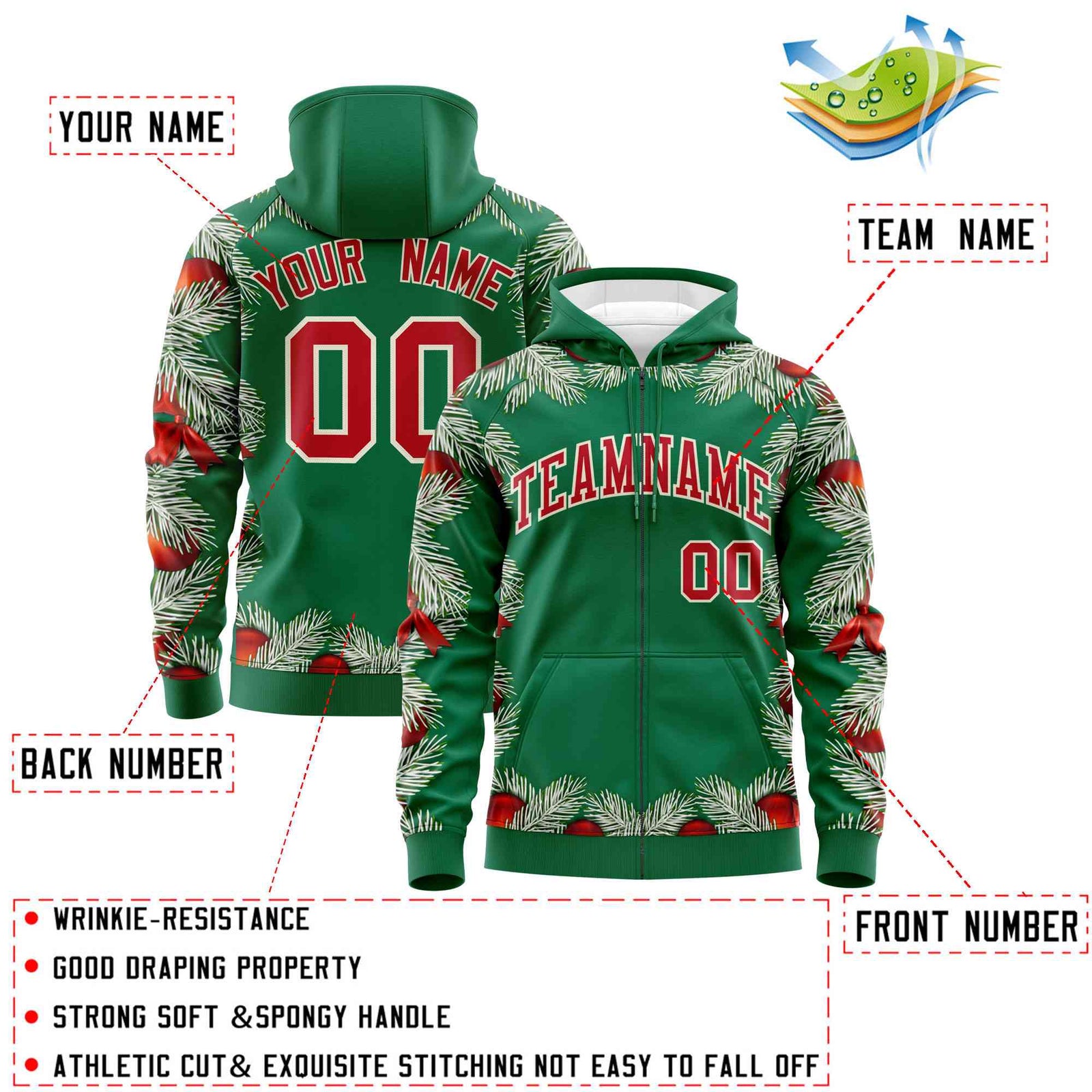 Custom Kelly Green Red Christmas Graffiti Pattern Athletic Full-Zip Hoodie