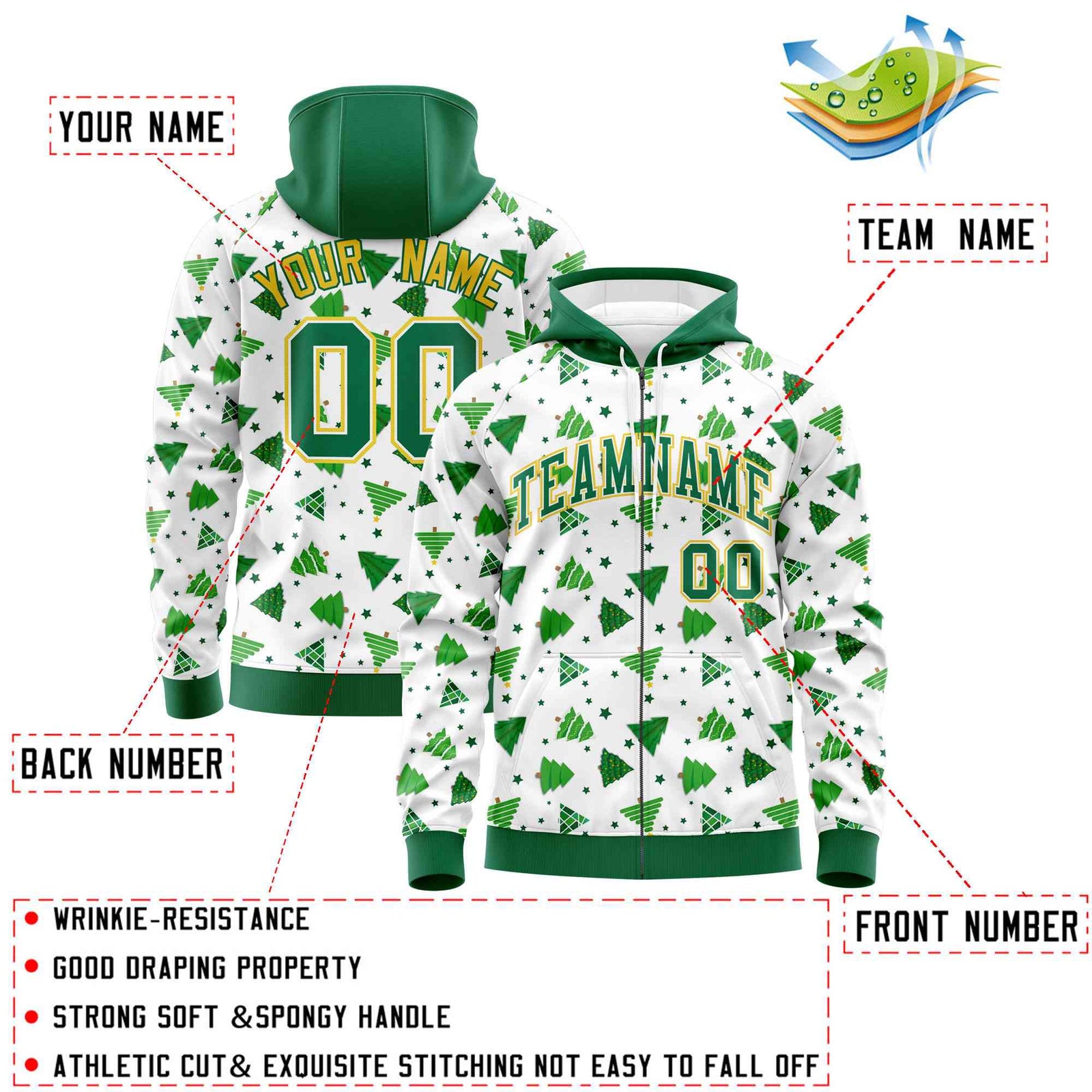 Custom White Kelly Green Christmas Graffiti Pattern Athletic Full-Zip Hoodie