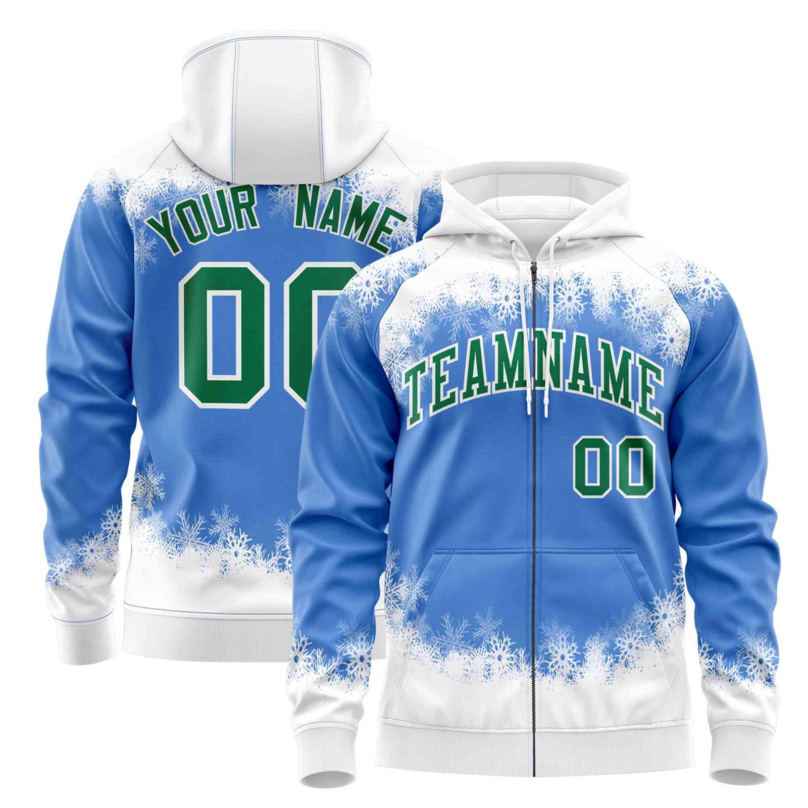 Custom Powder Blue White Christmas Graffiti Pattern Athletic Full-Zip Hoodie