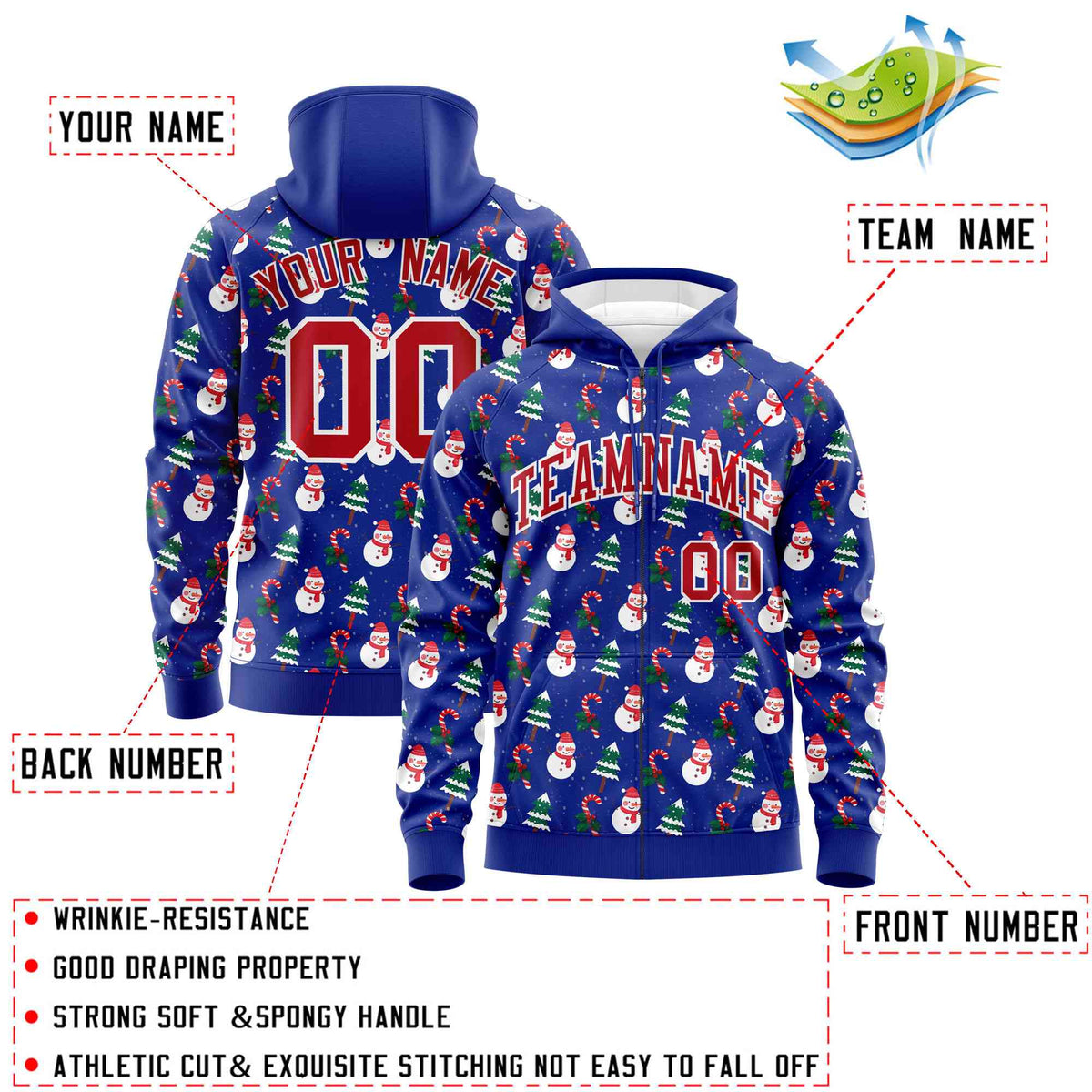 Custom Royal Blue Red Christmas Graffiti Pattern Athletic Full-Zip Hoodie