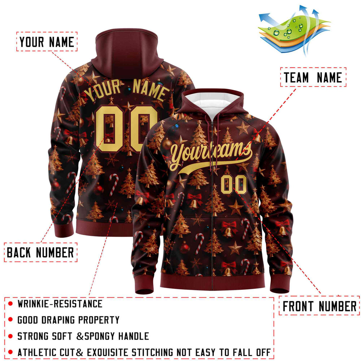 Custom Burgundy Khaki Christmas Graffiti Pattern Athletic Full-Zip Hoodie