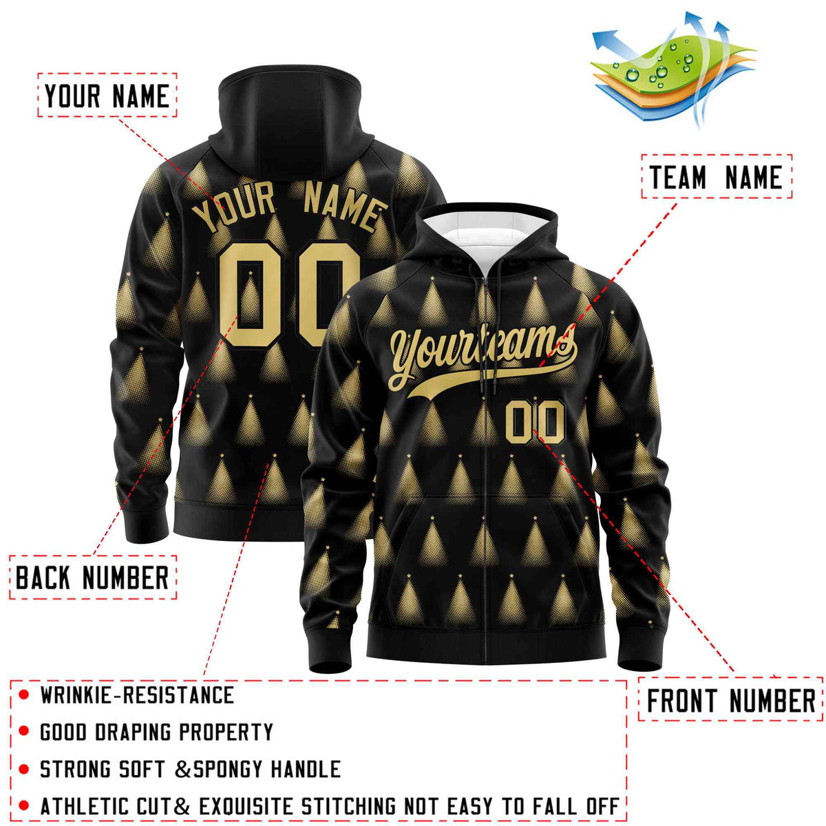 Custom Black Khaki Christmas Graffiti Pattern Athletic Full-Zip Hoodie