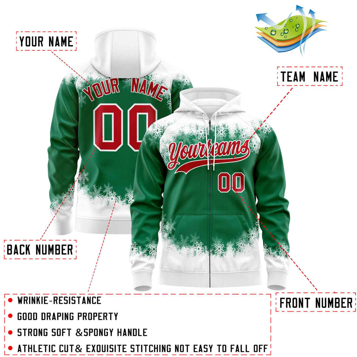 Custom Kelly Green White Christmas Graffiti Pattern Athletic Full-Zip Hoodie