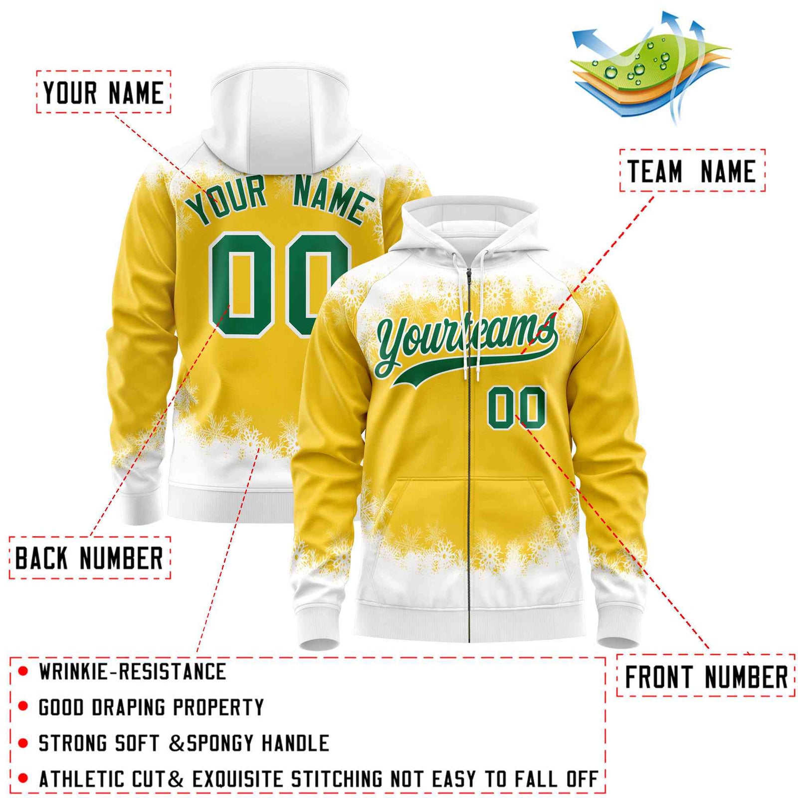 Custom Gold White Christmas Graffiti Pattern Athletic Full-Zip Hoodie