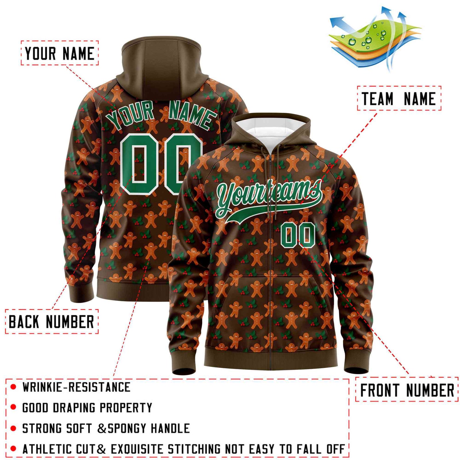 Custom Light Brown Kelly Green Christmas Graffiti Pattern Athletic Full-Zip Hoodie
