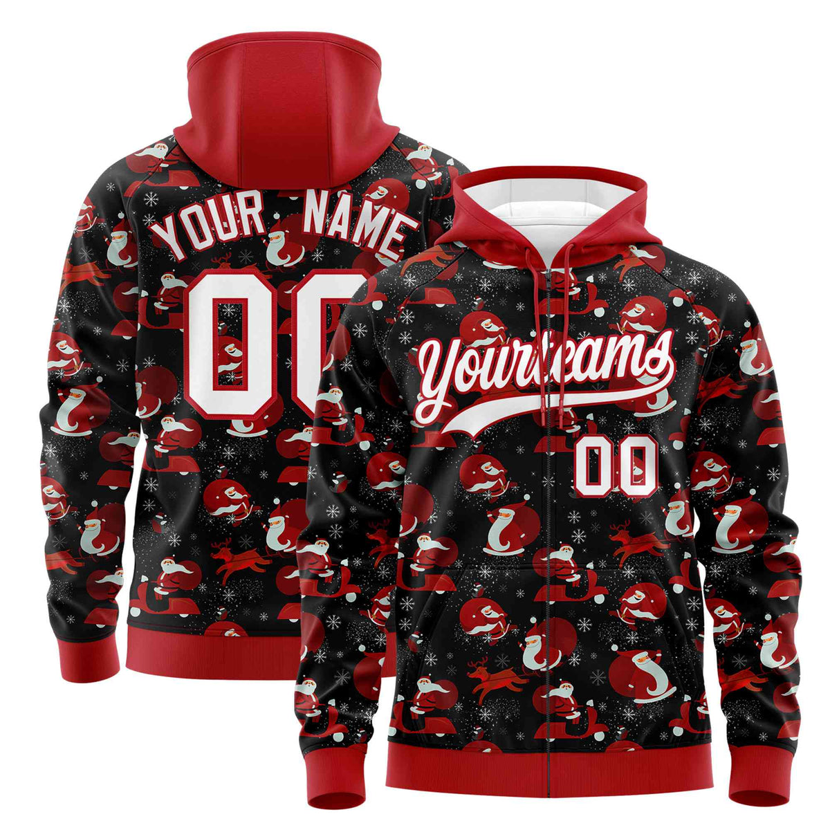 Custom Black Red Christmas Graffiti Pattern Athletic Full-Zip Hoodie