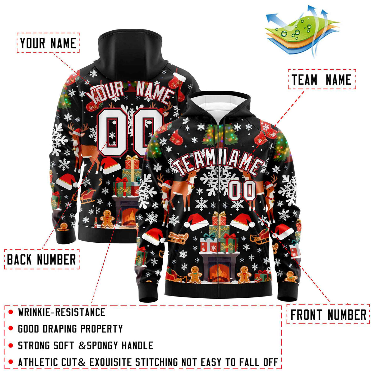 Custom Black White Christmas Graffiti Pattern Athletic Full-Zip Hoodie