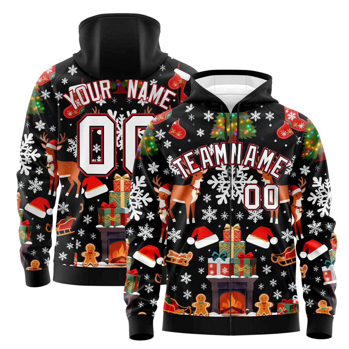 Custom Black White Christmas Graffiti Pattern Athletic Full-Zip Hoodie