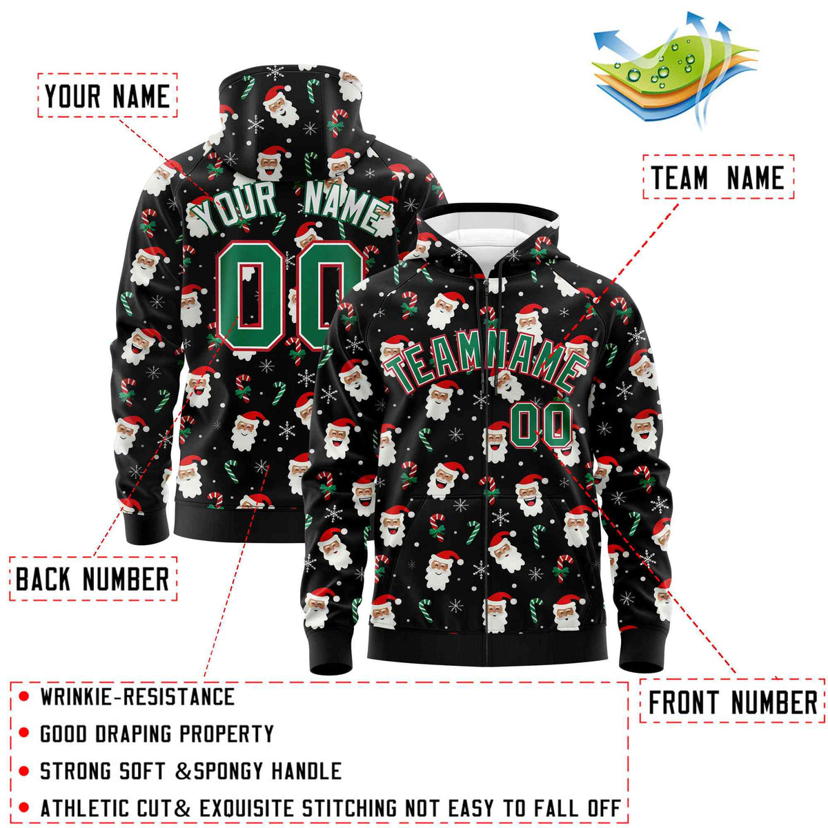 Custom Black Kelly Green Christmas Graffiti Pattern Athletic Full-Zip Hoodie