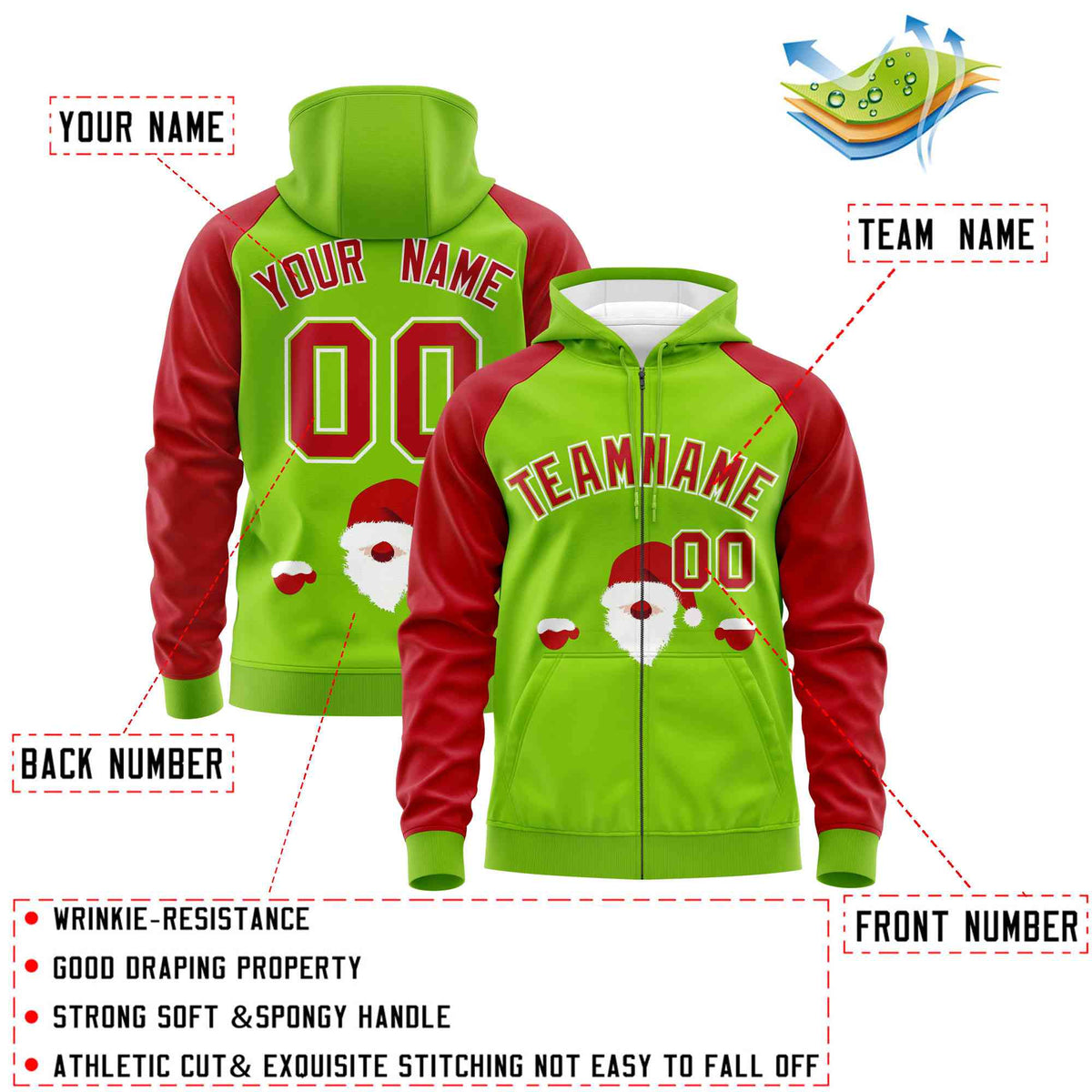 Custom Neon Green Red Christmas Graffiti Pattern Athletic Full-Zip Hoodie