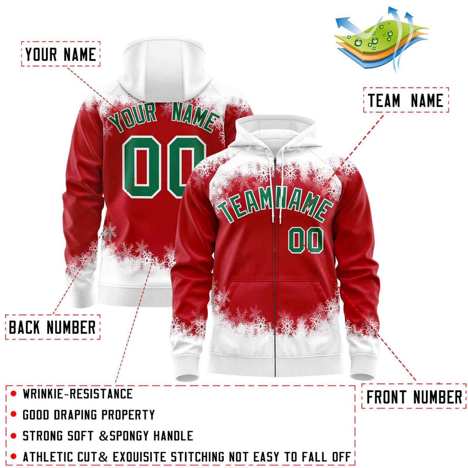 Custom Red White Christmas Graffiti Pattern Athletic Full-Zip Hoodie