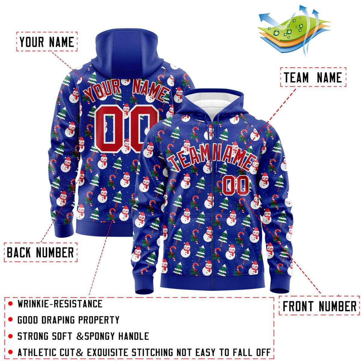 Custom Royal Blue Red Christmas Graffiti Pattern Athletic Full-Zip Hoodie