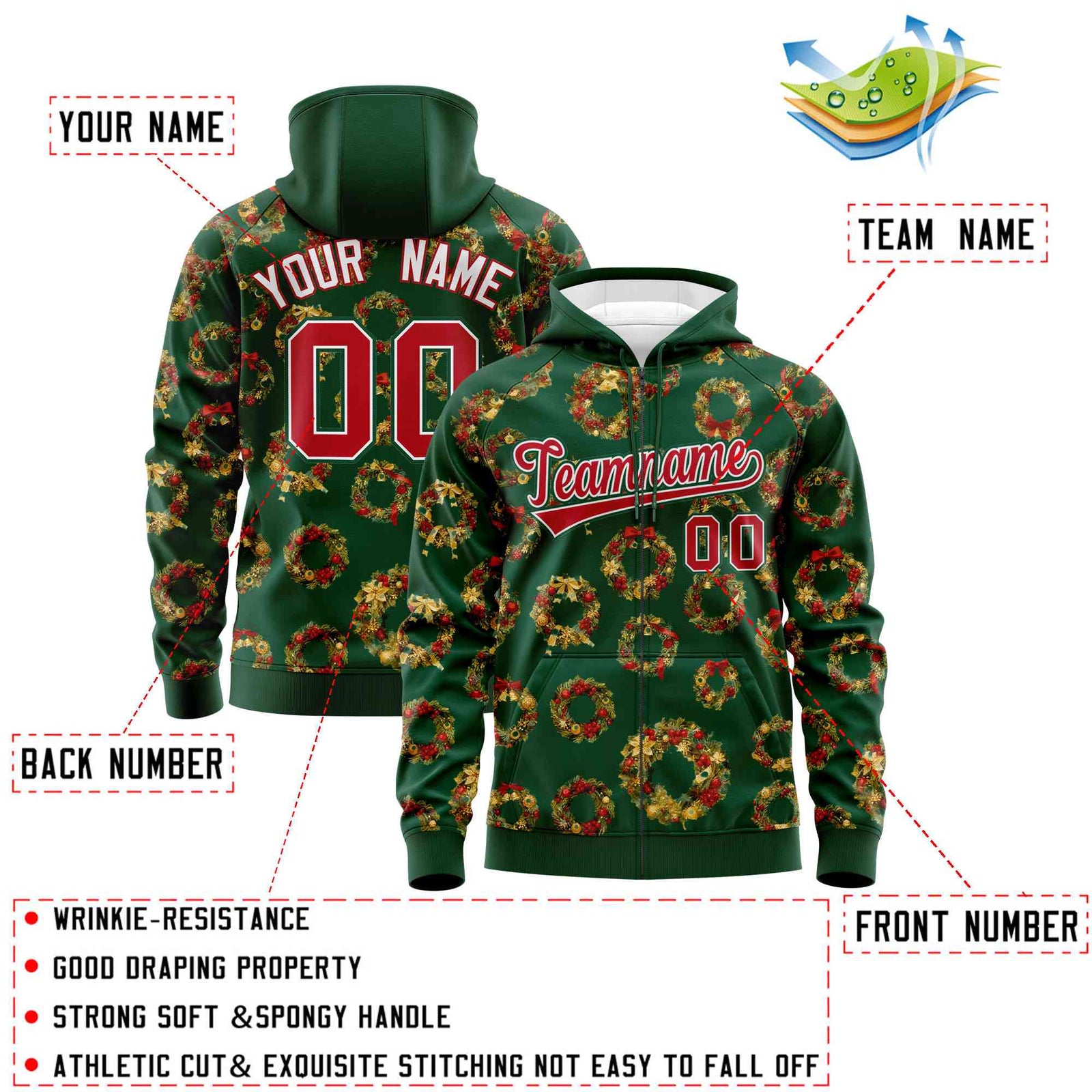 Custom Green Red Christmas Graffiti Pattern Athletic Full-Zip Hoodie| KXKSHOP