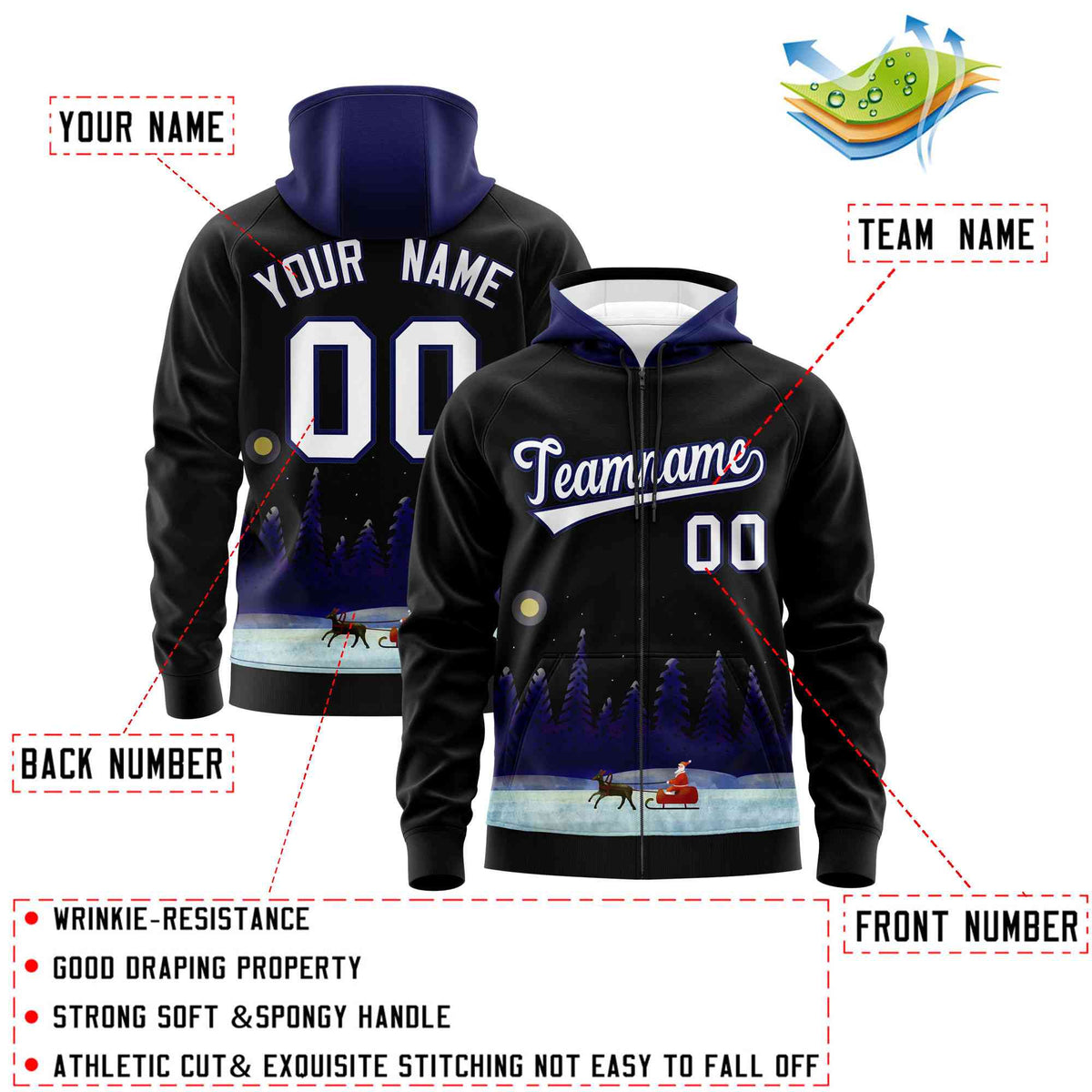 Custom Black Dark Blue Christmas Graffiti Pattern Athletic Full-Zip Hoodie| KXKSHOP