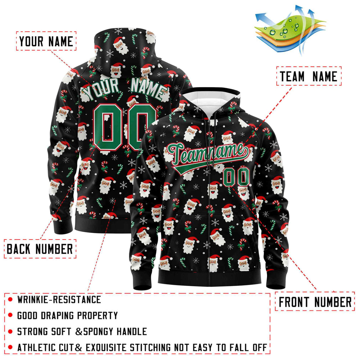 Custom Black Kelly Green Christmas Graffiti Pattern Athletic Full-Zip Hoodie| KXKSHOP