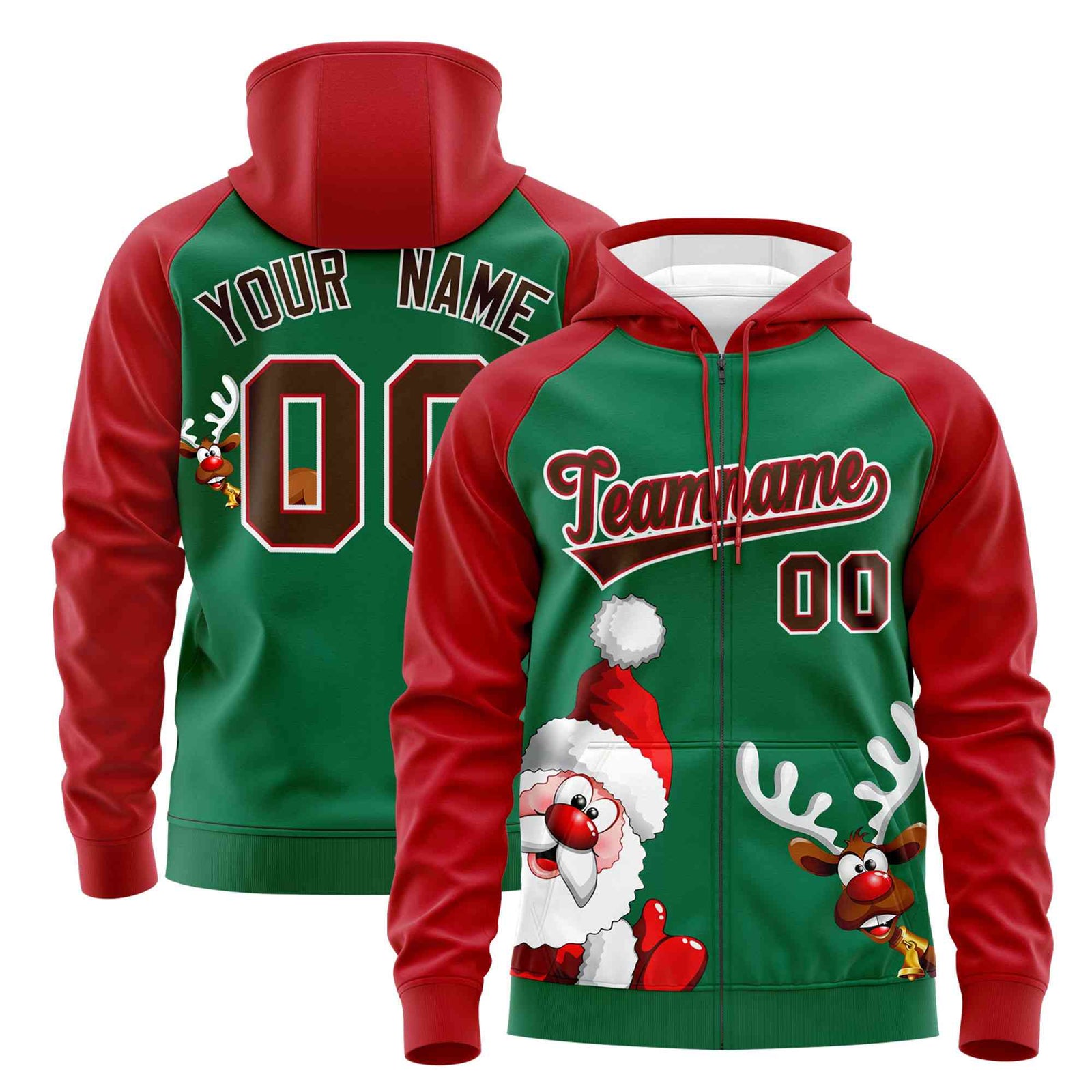 Custom Kelly Green Red Christmas Graffiti Pattern Athletic Full-Zip Hoodie| KXKSHOP