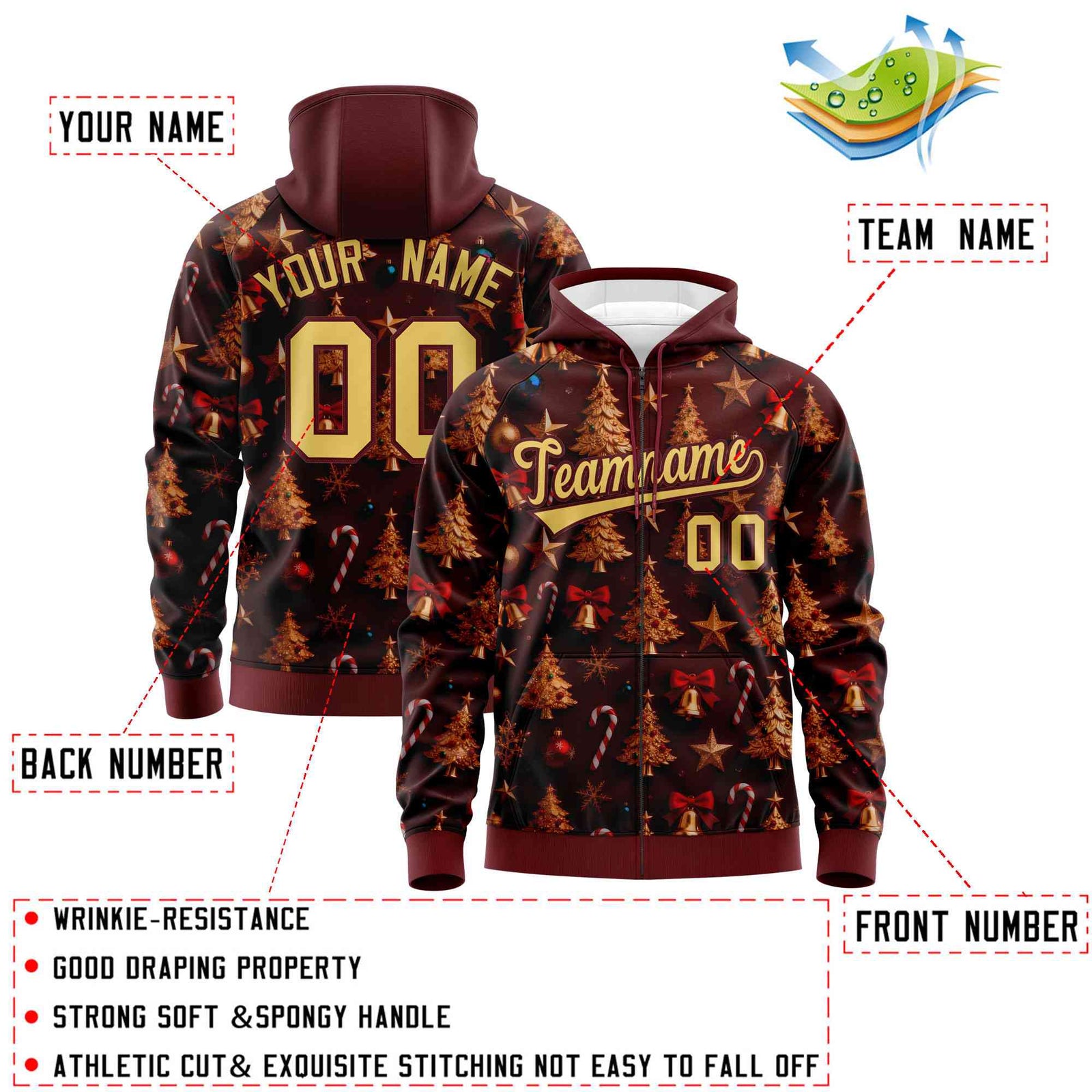Custom Burgundy Khaki Christmas Graffiti Pattern Athletic Full-Zip Hoodie| KXKSHOP