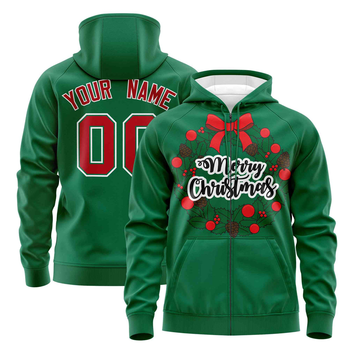 Custom Kelly Green Red Christmas Graffiti Pattern Athletic Full-Zip Hoodie| KXKSHOP