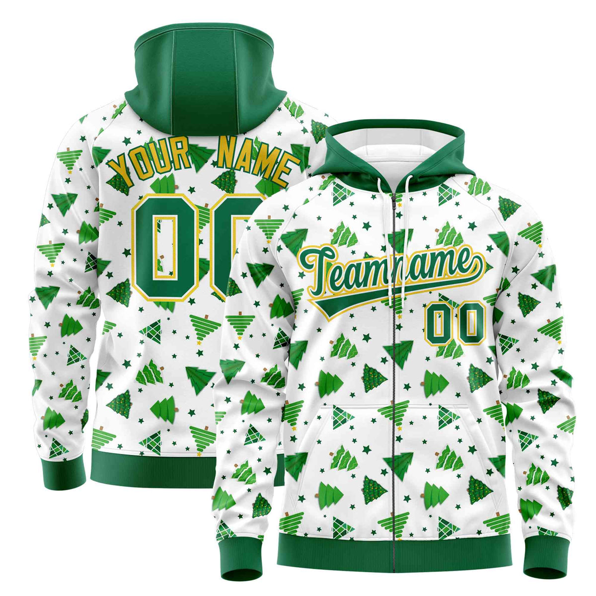 Custom White Kelly Green Christmas Graffiti Pattern Athletic Full-Zip Hoodie| KXKSHOP
