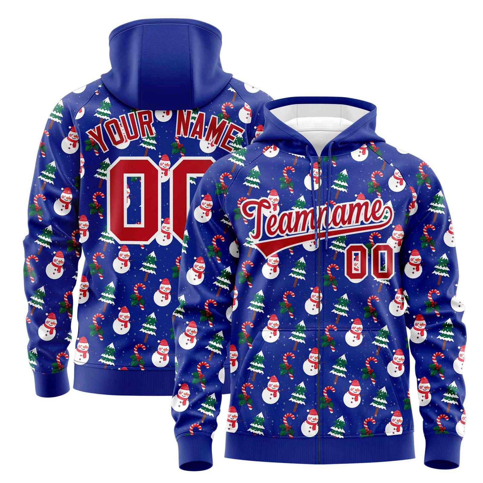 Custom Royal Blue Red Christmas Graffiti Pattern Athletic Full-Zip Hoodie| KXKSHOP