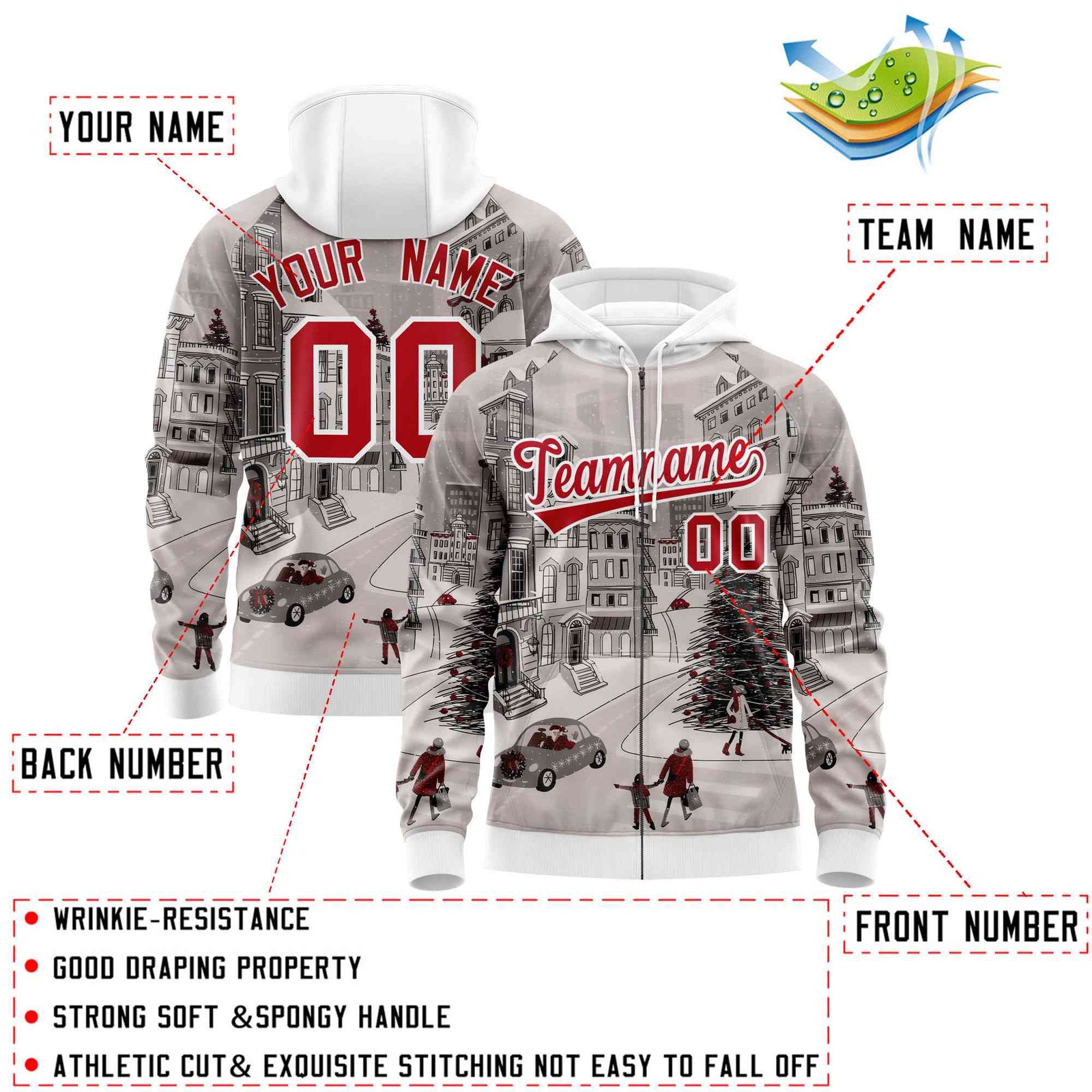 Custom White Red Christmas Graffiti Pattern Athletic Full-Zip Hoodie| KXKSHOP