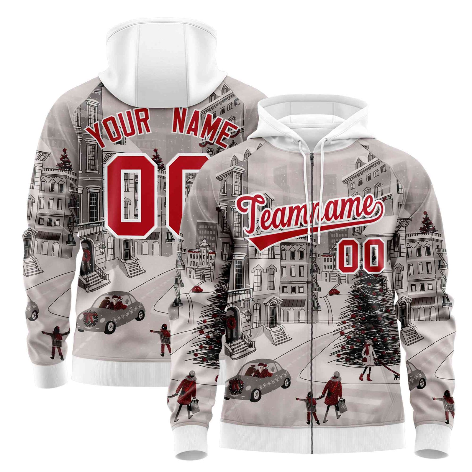 Custom White Red Christmas Graffiti Pattern Athletic Full-Zip Hoodie| KXKSHOP