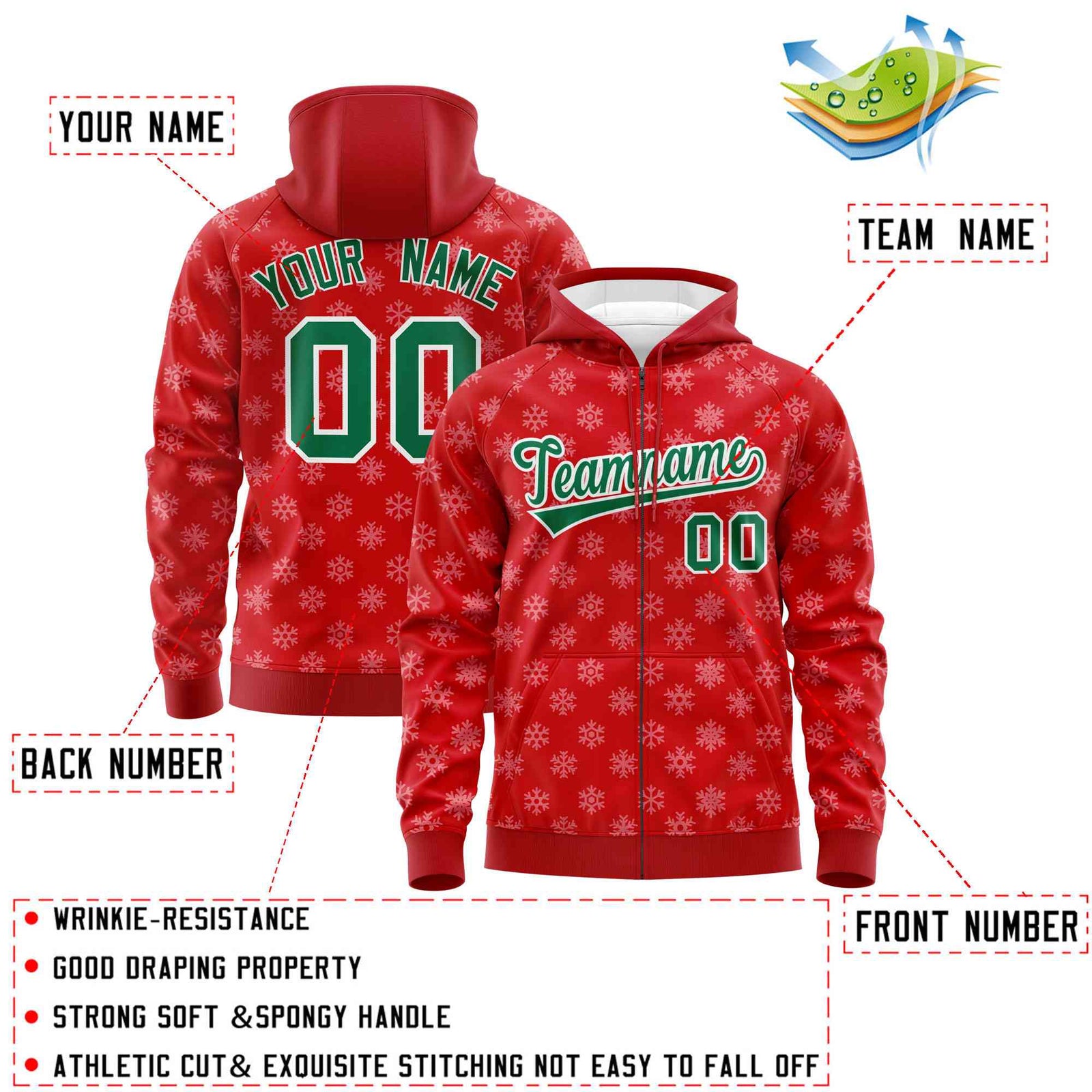 Custom Red Kelly Green Christmas Graffiti Pattern Athletic Full-Zip Hoodie| KXKSHOP