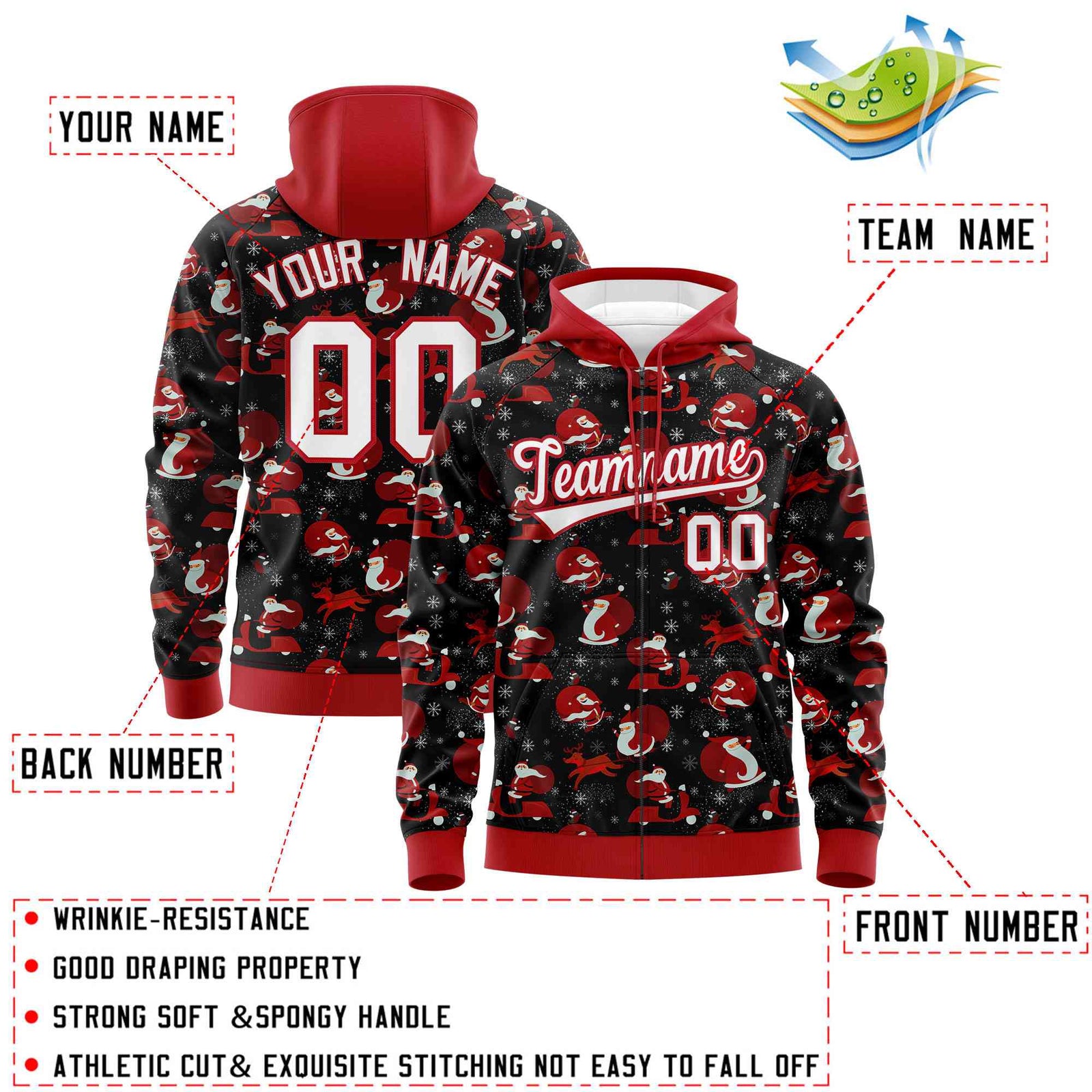 Custom Black Red Christmas Graffiti Pattern Athletic Full-Zip Hoodie| KXKSHOP