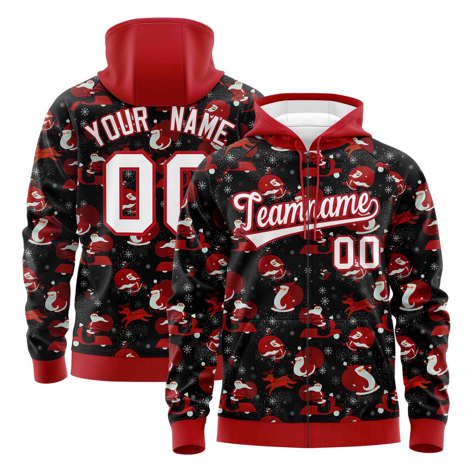 Custom Black Red Christmas Graffiti Pattern Athletic Full-Zip Hoodie| KXKSHOP