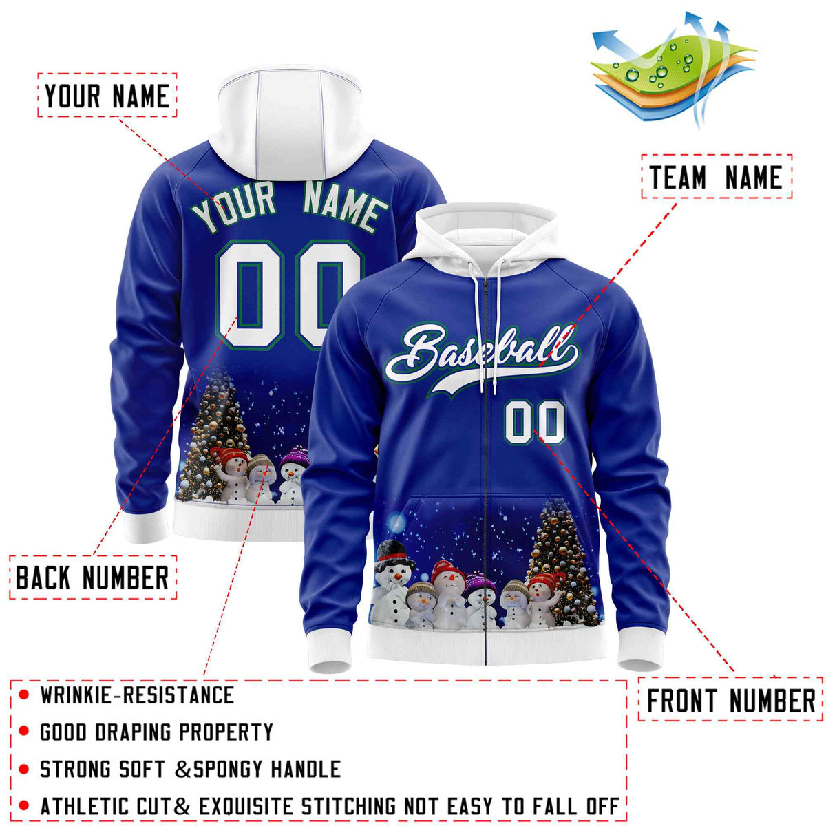 Custom Royal Blue White Christmas Graffiti Pattern Athletic Full-Zip Hoodie