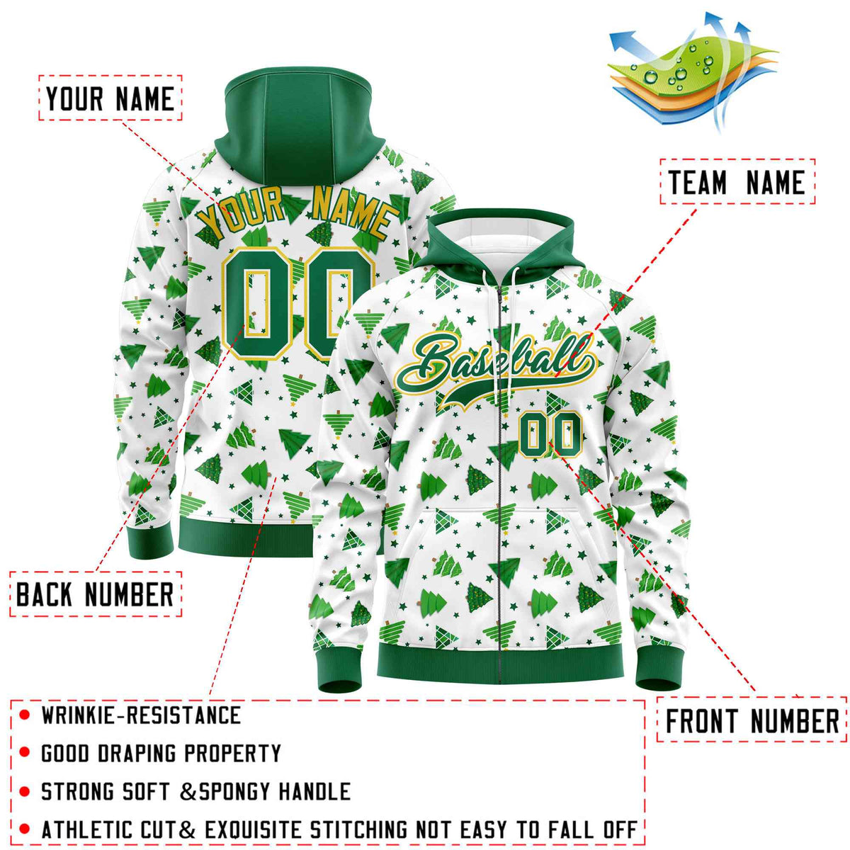 Custom White Kelly Green Christmas Graffiti Pattern Athletic Full-Zip Hoodie