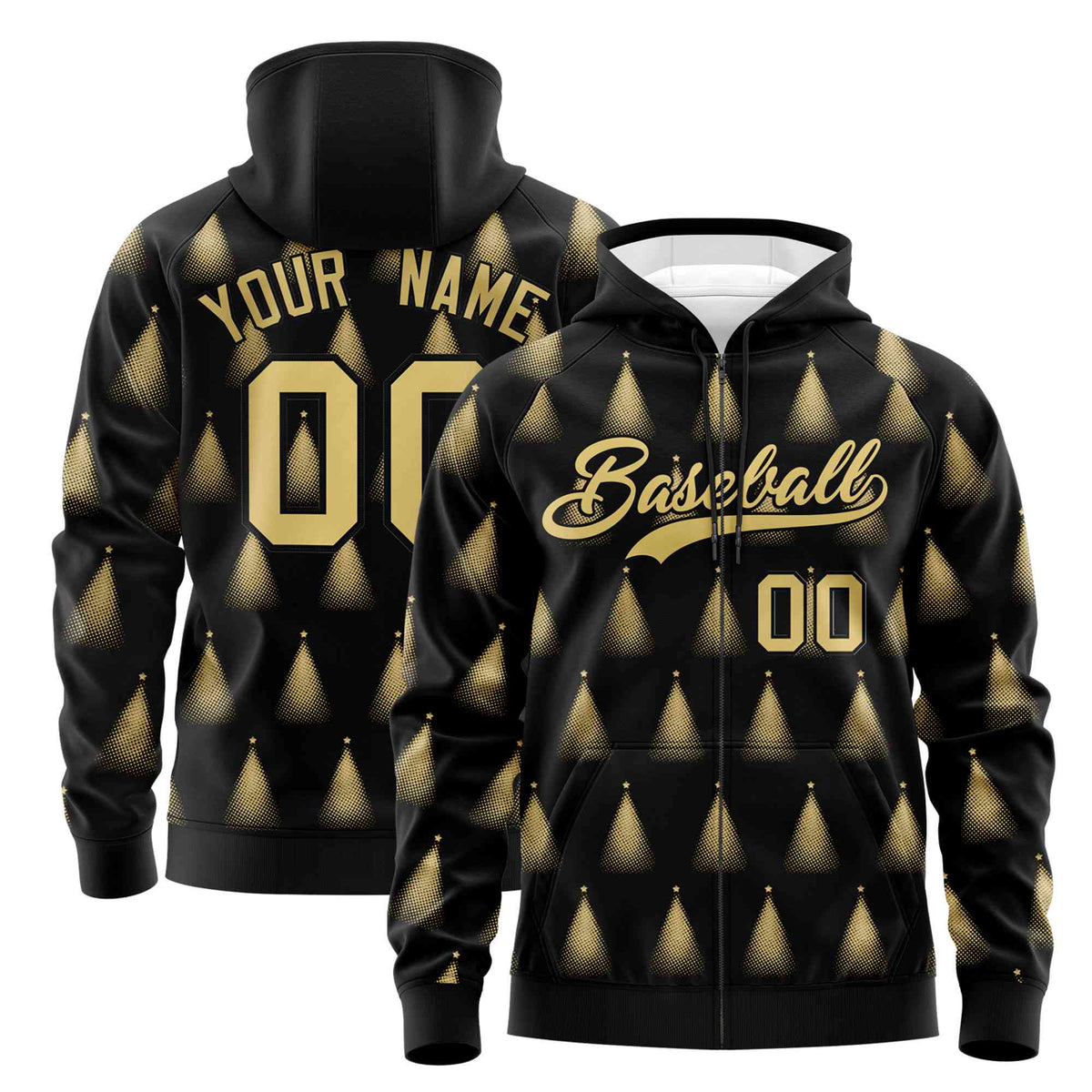 Custom Black Khaki Christmas Graffiti Pattern Athletic Full-Zip Hoodie