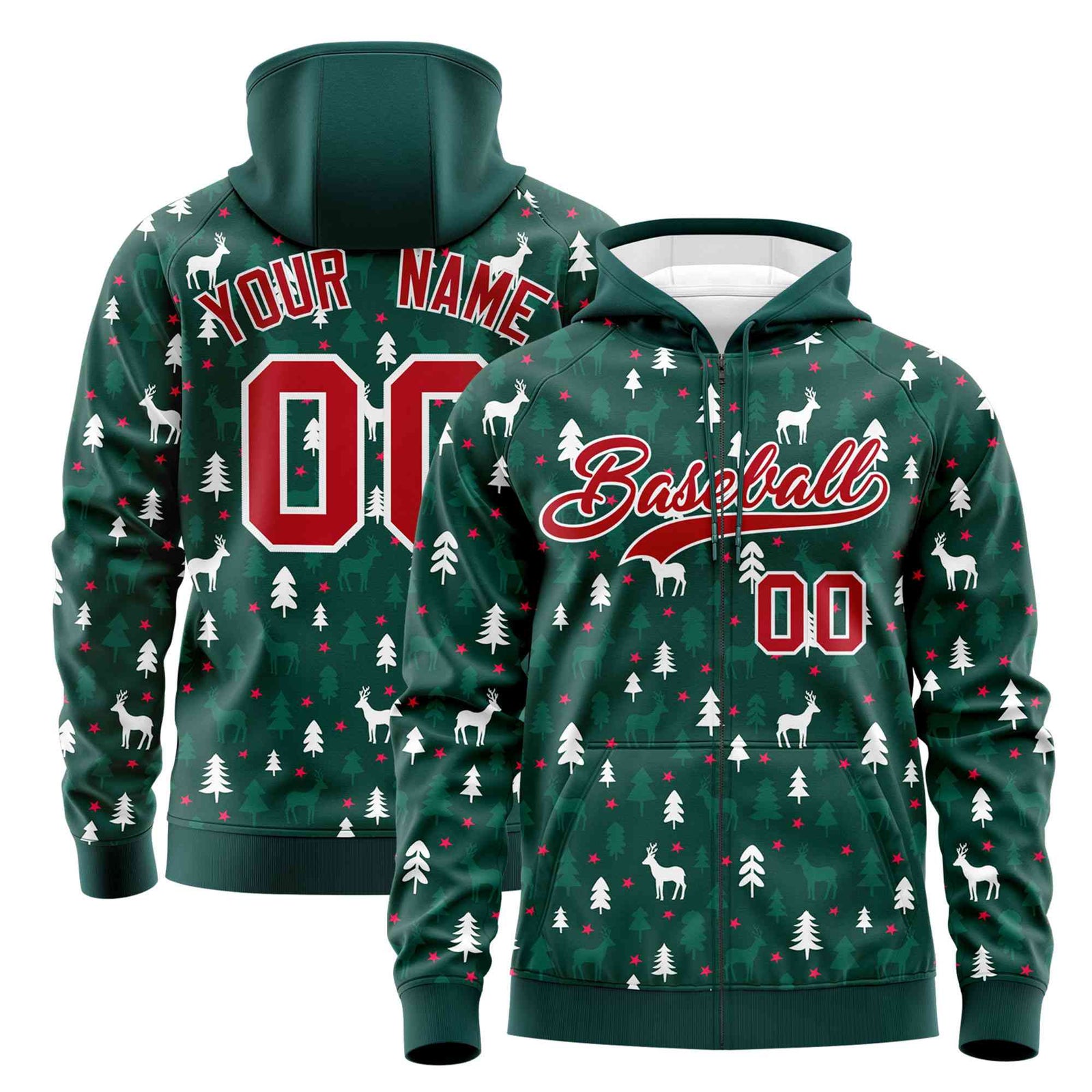 Custom Midnight Green Red Christmas Graffiti Pattern Athletic Full-Zip Hoodie