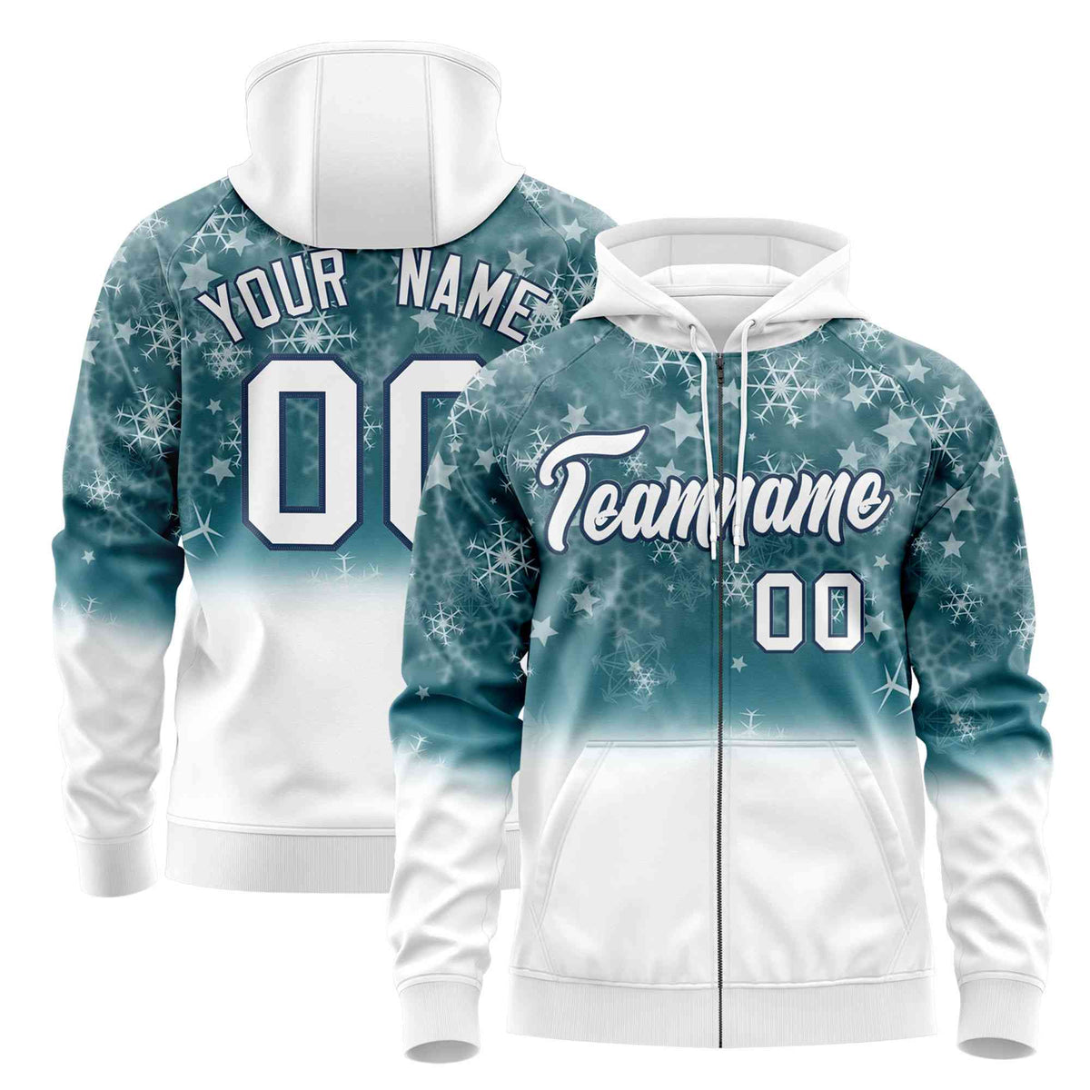 Custom White Midnight Blue Christmas Graffiti Pattern Athletic Full-Zip Hoodie