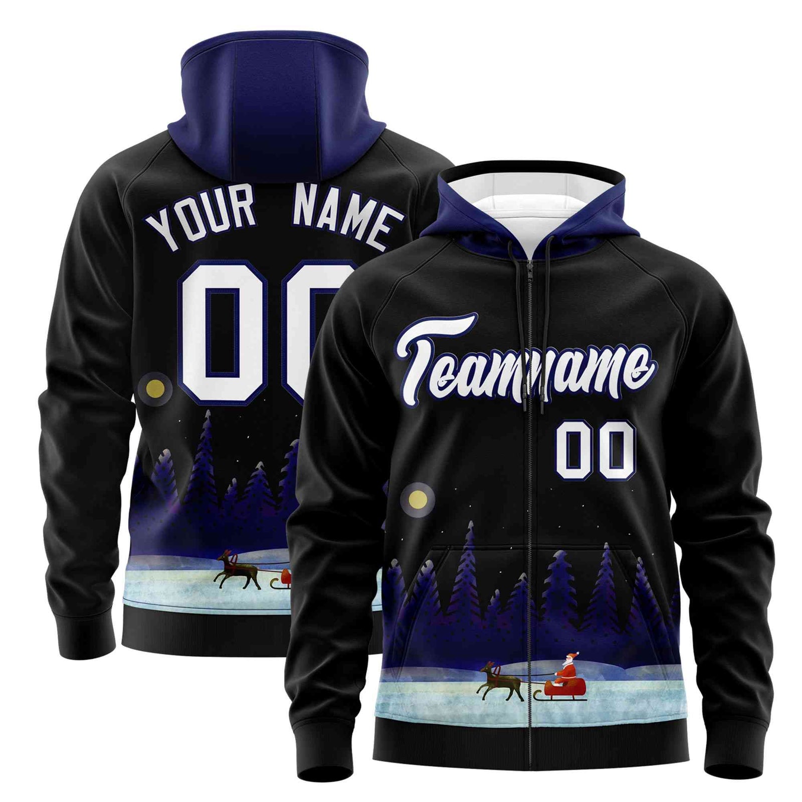Custom Black Dark Blue Christmas Graffiti Pattern Athletic Full-Zip Hoodie