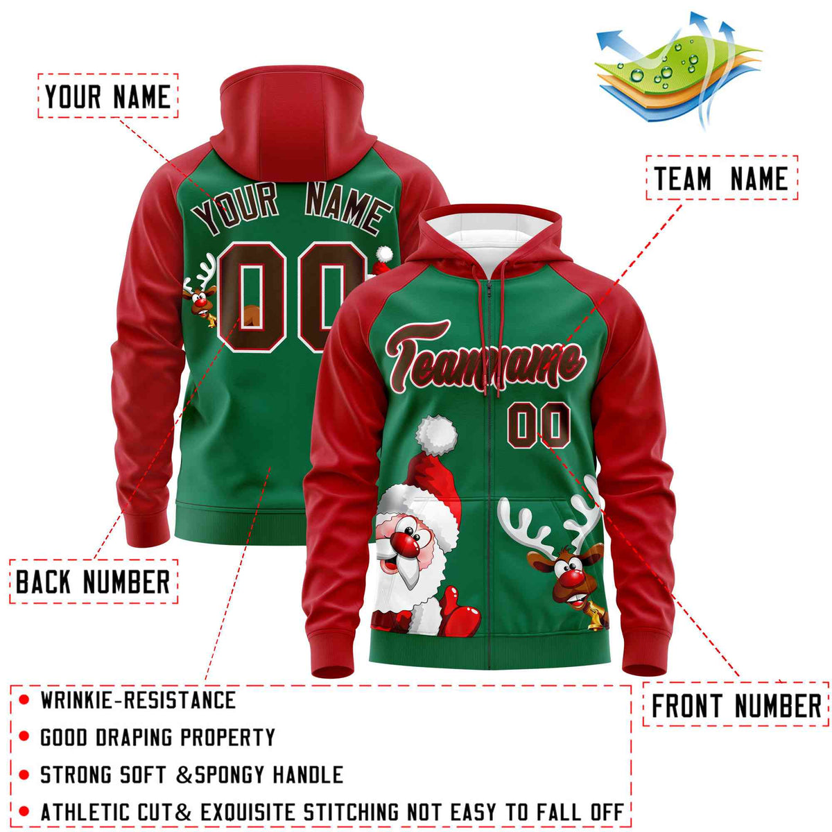 Custom Kelly Green Red Christmas Graffiti Pattern Athletic Full-Zip Hoodie
