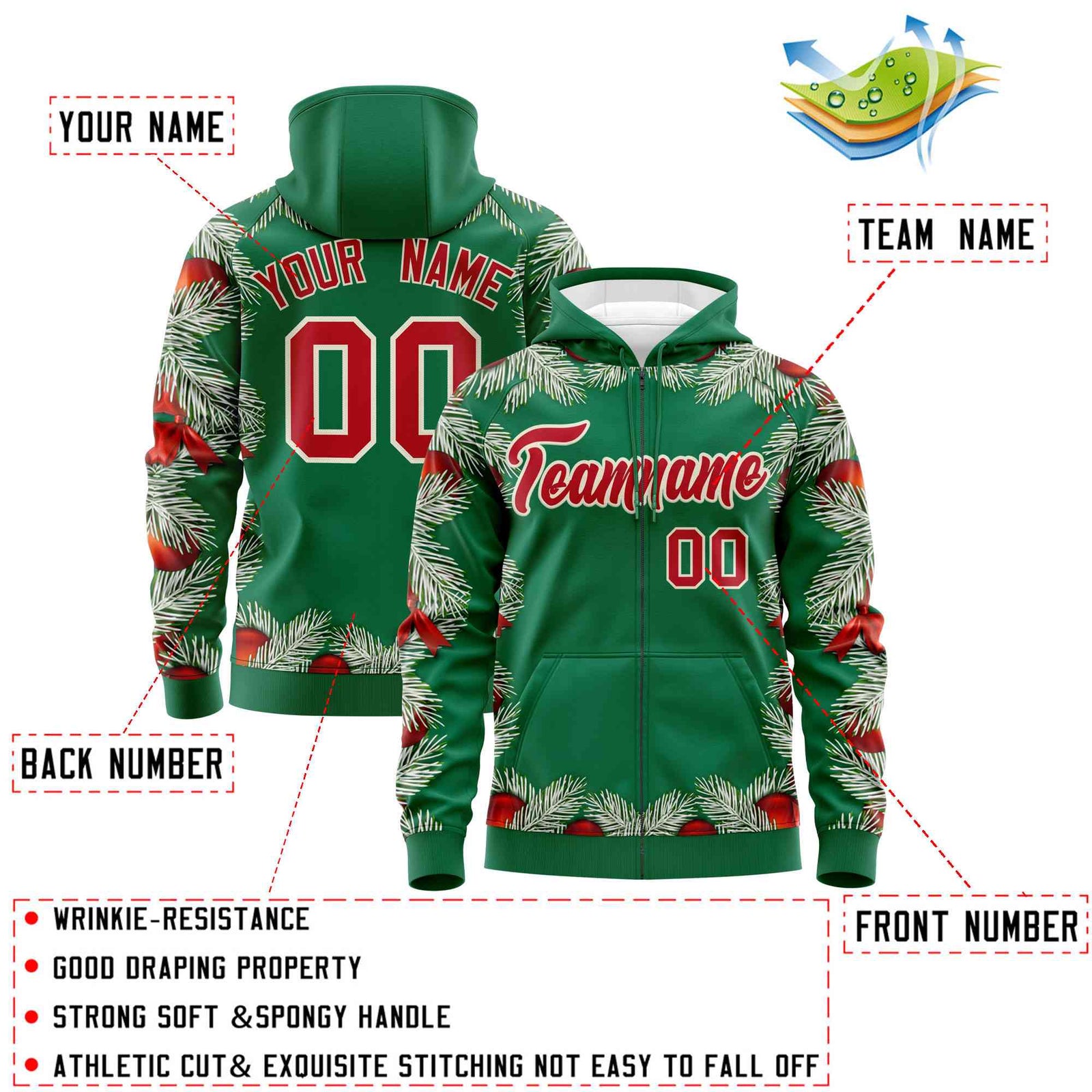 Custom Kelly Green Red Christmas Graffiti Pattern Athletic Full-Zip Hoodie
