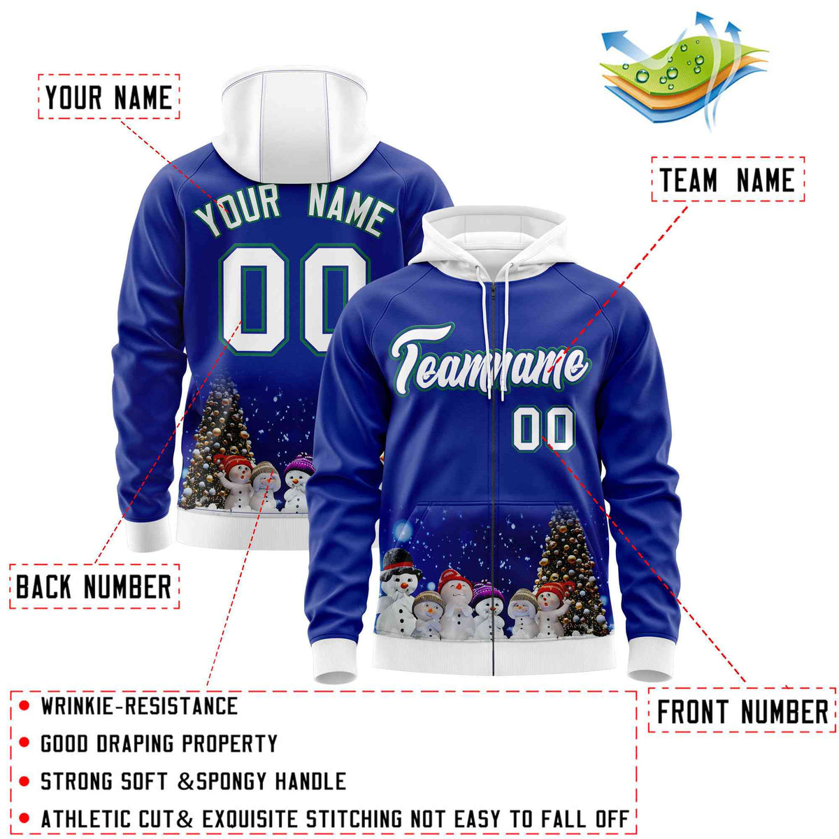 Custom Royal Blue White Christmas Graffiti Pattern Athletic Full-Zip Hoodie