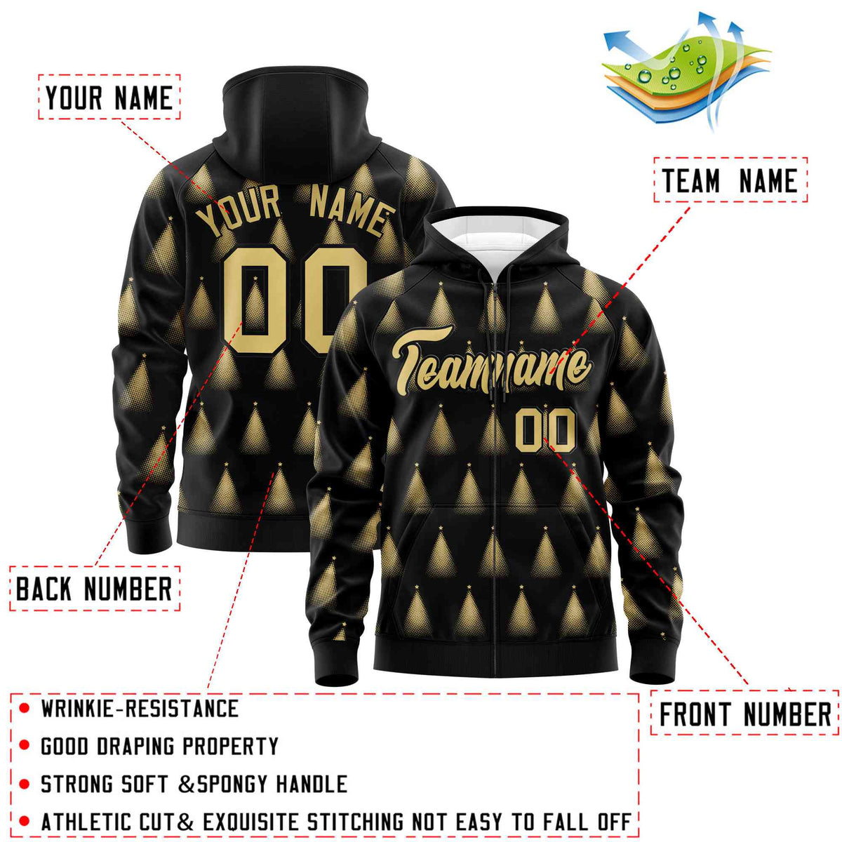 Custom Black Khaki Christmas Graffiti Pattern Athletic Full-Zip Hoodie