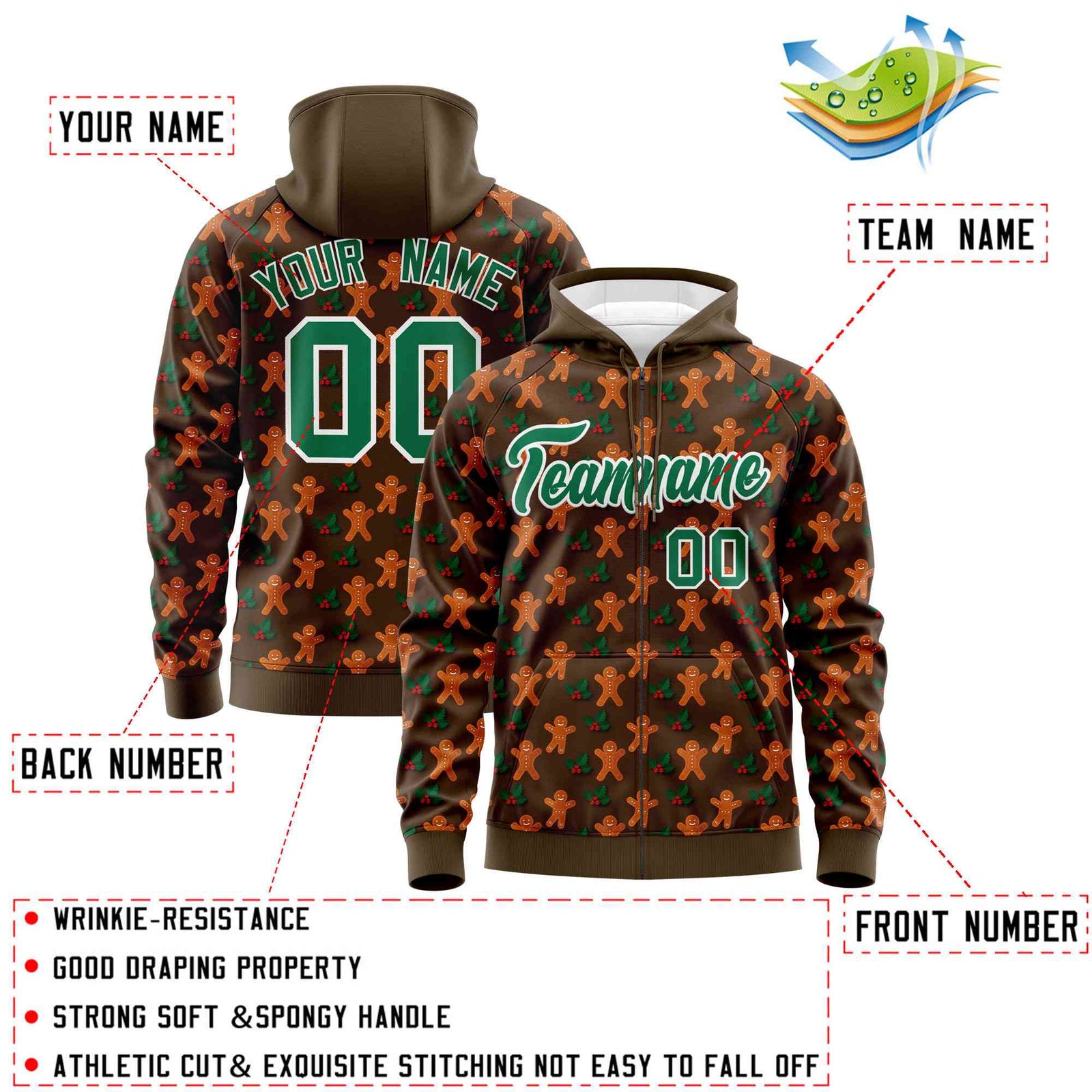 Custom Light Brown Kelly Green Christmas Graffiti Pattern Athletic Full-Zip Hoodie